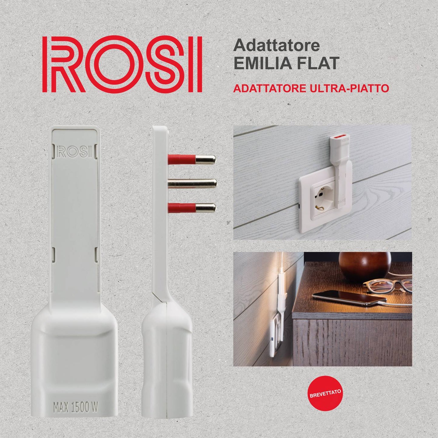 Rosi Emilia Flat Set da 2 Adattatore ultra piatto 90° salva spazio con spina piccola 10A e presa 10A 2P+T, salvaspazio, sporgenza minima, spessore ridotto, ottimizzazione spazio, 1500W max, bianco