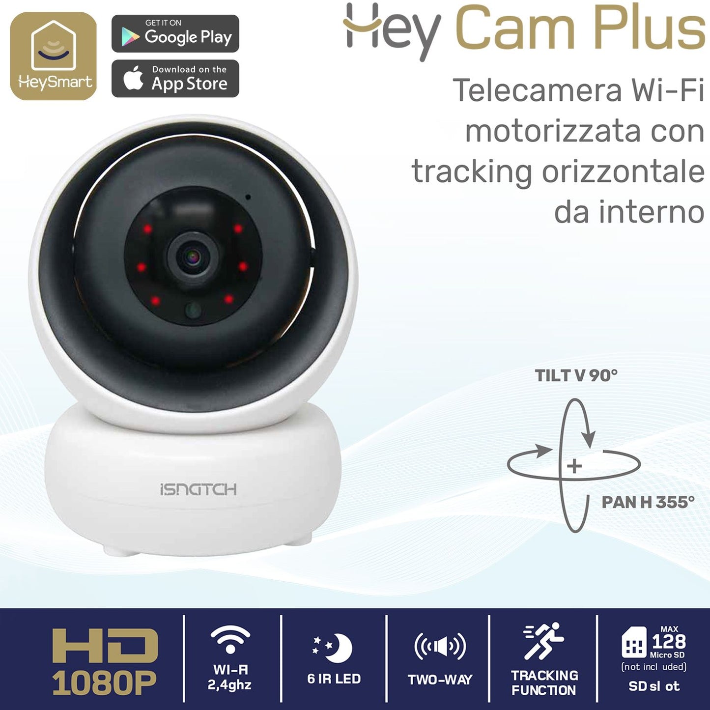 iSnatch Hey Cam Plus Telecamera IP Wi-fi smart motorizzata da interno FHD 1080p con Micro SD, LED infrarossi per visione notturna e rilevatore di movimento