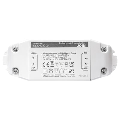 Alpha Elettronica KL200030-24 Alimentatore per LED a tensione costante 30W 24Vdc, trasformatore professionale senza sfarfallio per striscia LEDs, morsetti a vite, tensione d'ingresso 200 - 240 Vac