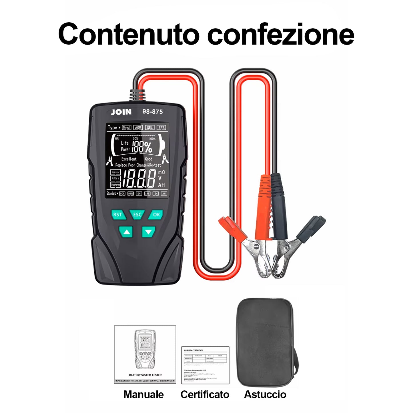 JOIN 98-875 Tester per batterie al piombo 12V - 24V con Display LCD retroilluminato, adatto a tutti i tipi di batterie per auto moto e altri veicoli