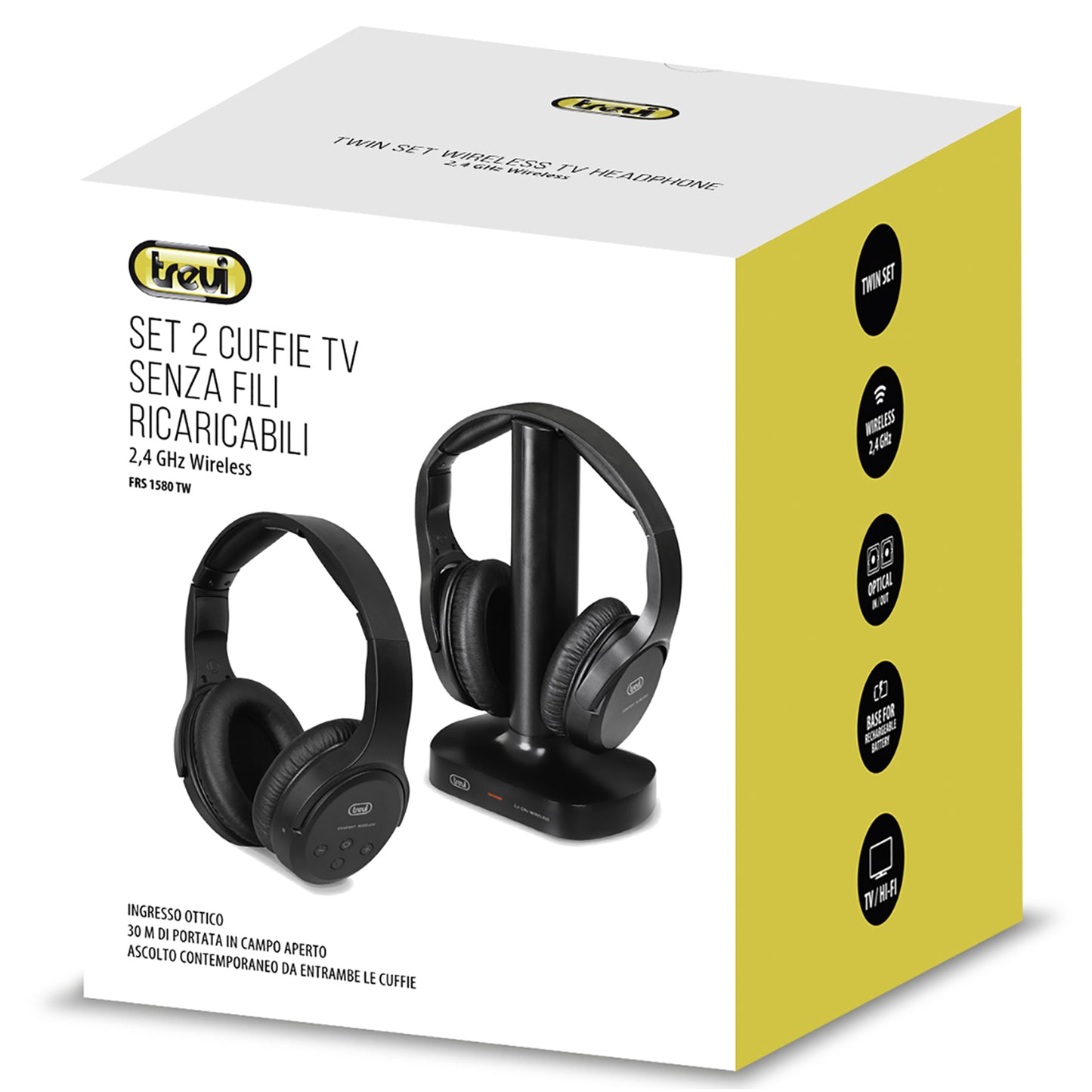 Trevi FRS 1580 TW Set 2 Cuffie TV ricaricabili wireless senza fili a radiofrequenza, portata fino a 30 metri, ingresso stereo jack 3.5 mm e digitale ottico, cavo incluso