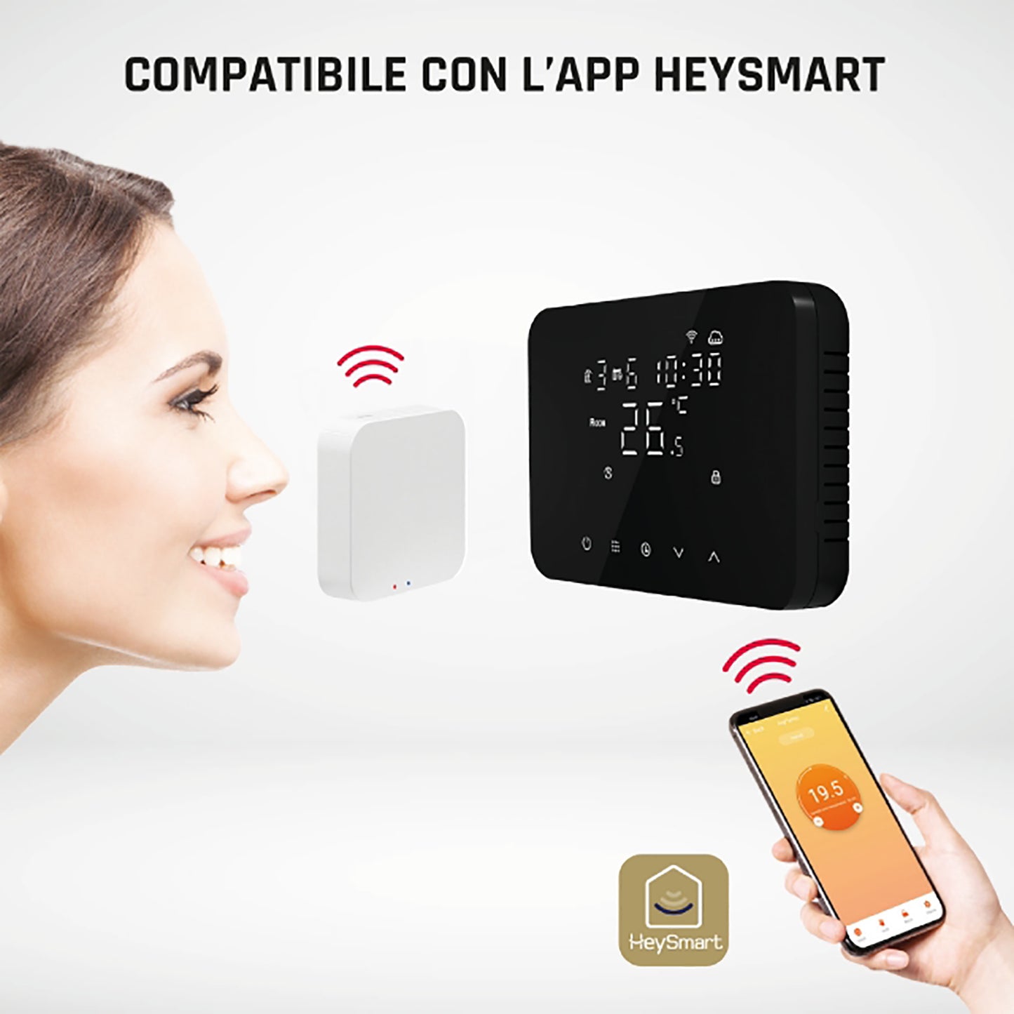 iSnatch Hey Thermo-Free Termostato smart wireless a batterie con display soft touch nero, completo di gateway per collegamento Wi-Fi e controllo remoto