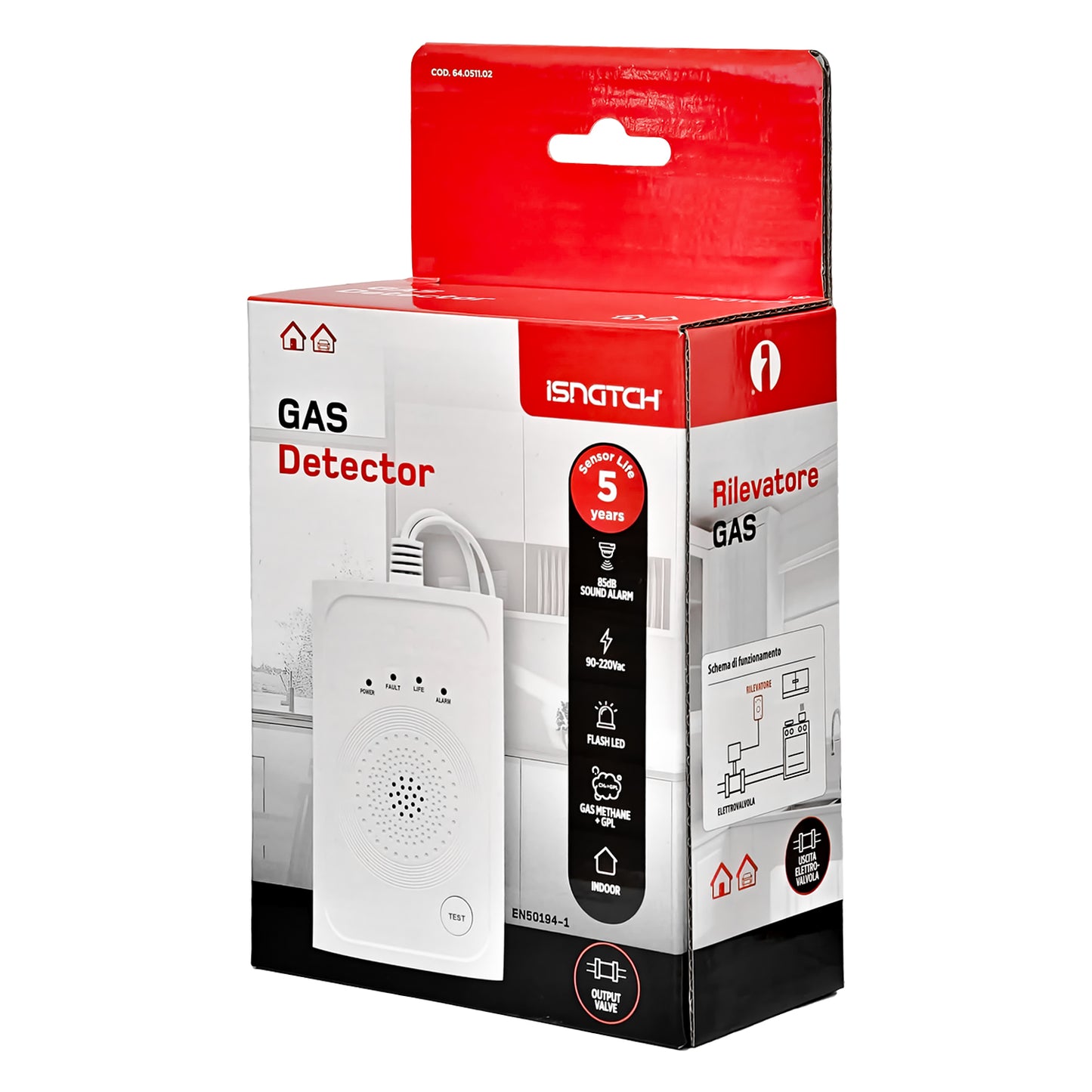 iSnatch Rilevatore di Gas Metano e GPL conforme alla normativa EN50194-1 con allarme sonoro 85db e visivo, sensore con durata di 5 anni per fughe di gas naturale, propano, butano
