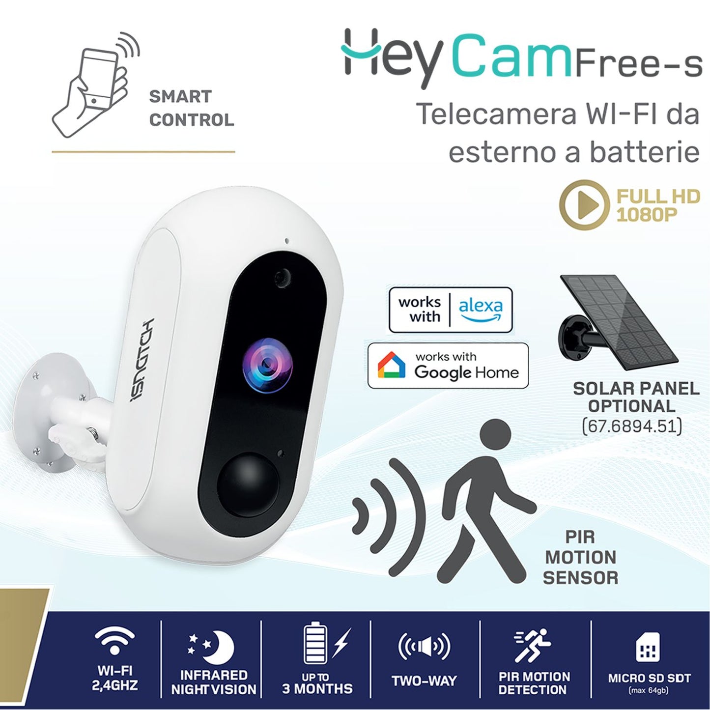 iSnatch Hey CamFree-s Telecamera Wi-Fi a batteria Full HD per interni esterni impermeabile IP66, videocamera di sorveglianza wireless con audio bidirezionale e visione notturna con LED infrarossi