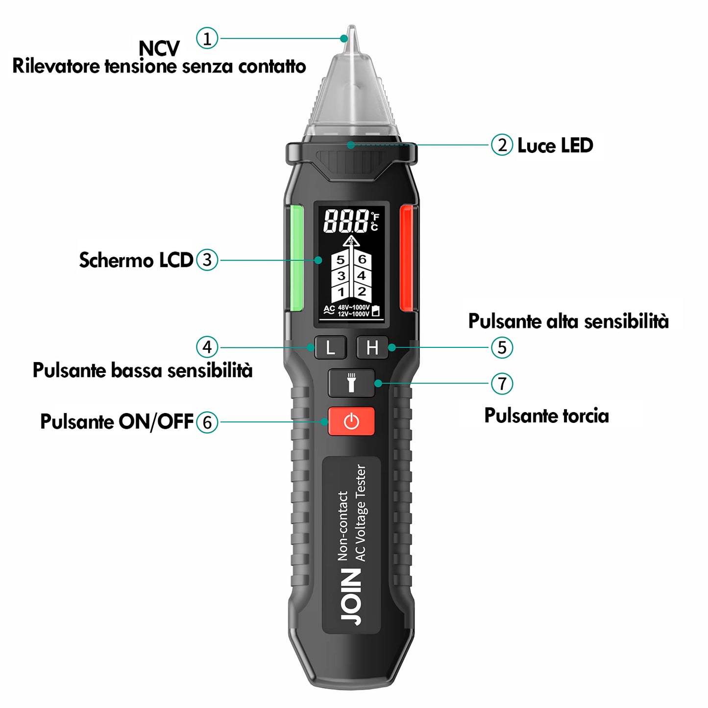 JOIN Rilevatore di tensione con torcia LED multifunzione display LCD e clip integrata, rilevazione senza contatto 12-1000V, tasti in silicone, spegnimento automatico