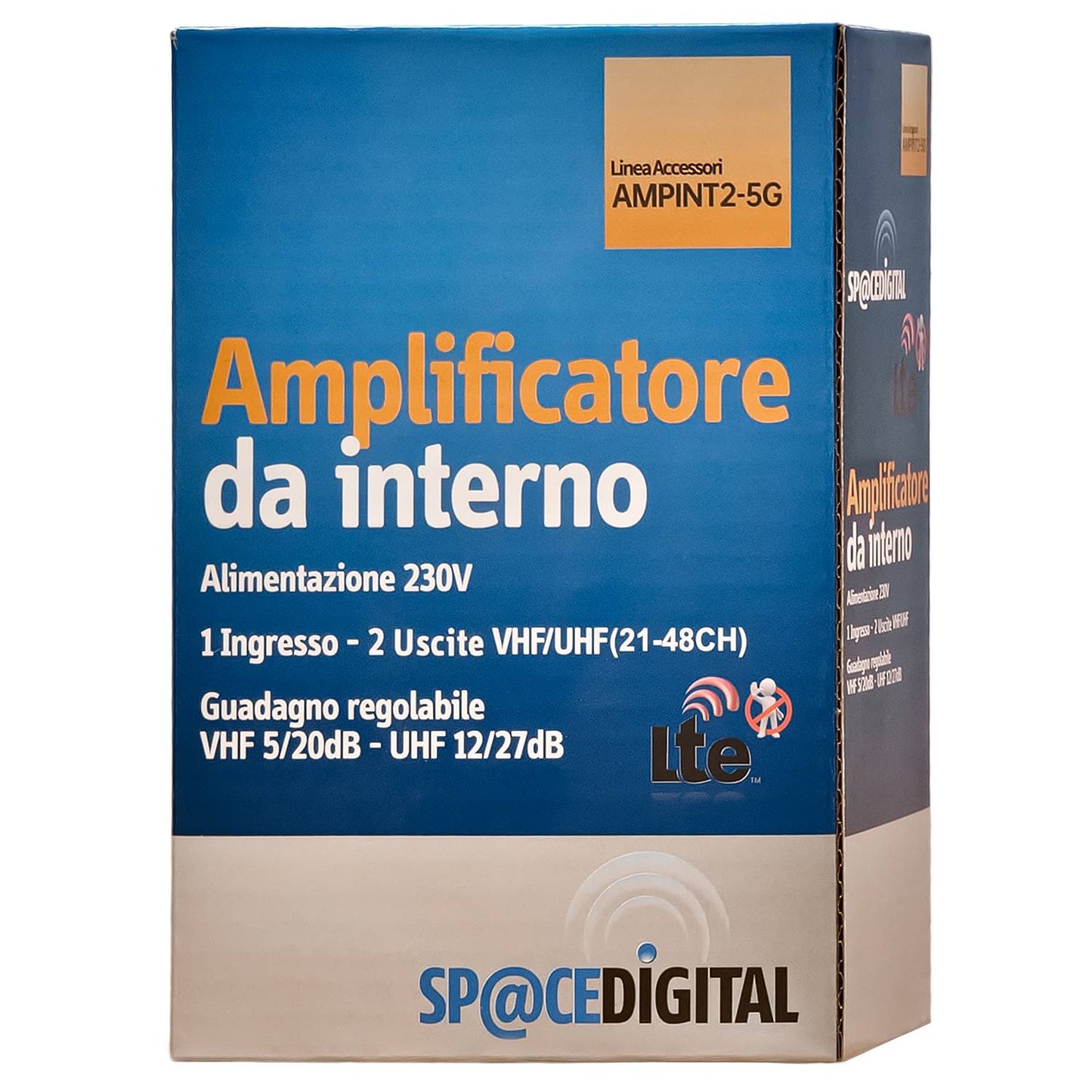 SpaceDigital Amplificatore da interno per antenne VHF/UHF (21-48CH), 1 ingresso e 2 uscite, connettore F, alimentazione cavo con spina 220V, guadagno regolabile, 5G LTE