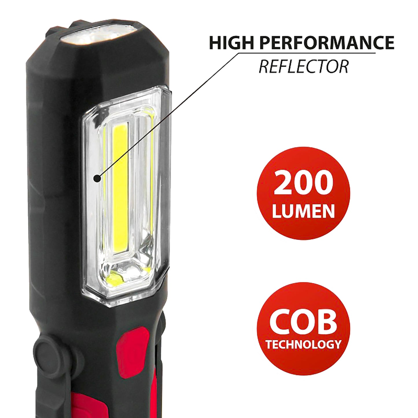 Velamp Torcia LED multiuso 3W, lampada da ispezione COB con gancio e calamita, luce di segnalazione rossa, supporto magnetico orientabile, lanterna da lavoro 200 lumen e torcia focalizzata 30 lumen