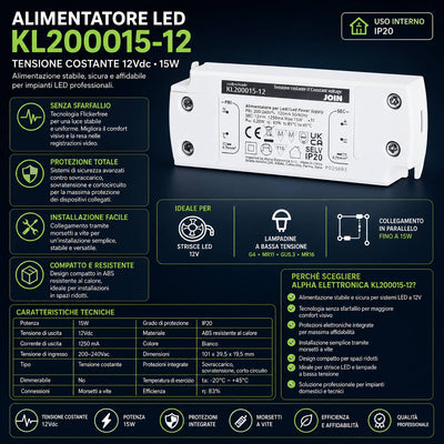 Alpha Elettronica KL200015-12 Alimentatore per LED a tensione costante 15W 12Vdc, trasformatore professionale senza sfarfallio per striscia LEDs, morsetti a vite, tensione d'ingresso 200 - 240 Vac