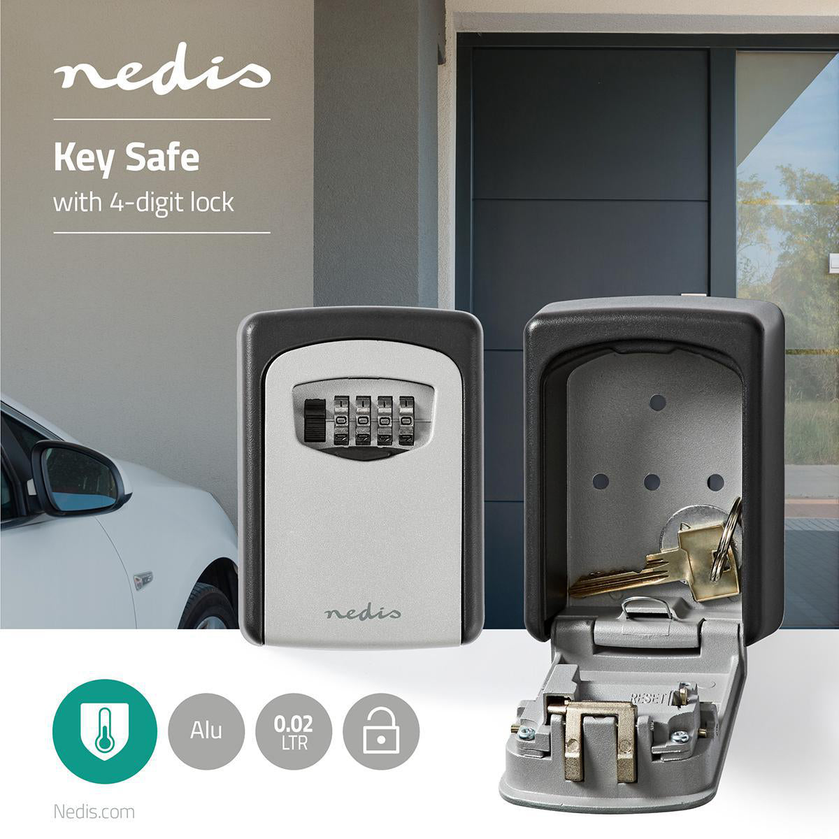 Nedis Cassetta di sicurezza, mini cassaforte per chiavi in metallo, portaoggetti antivandalo con password. codice di 4 cifre