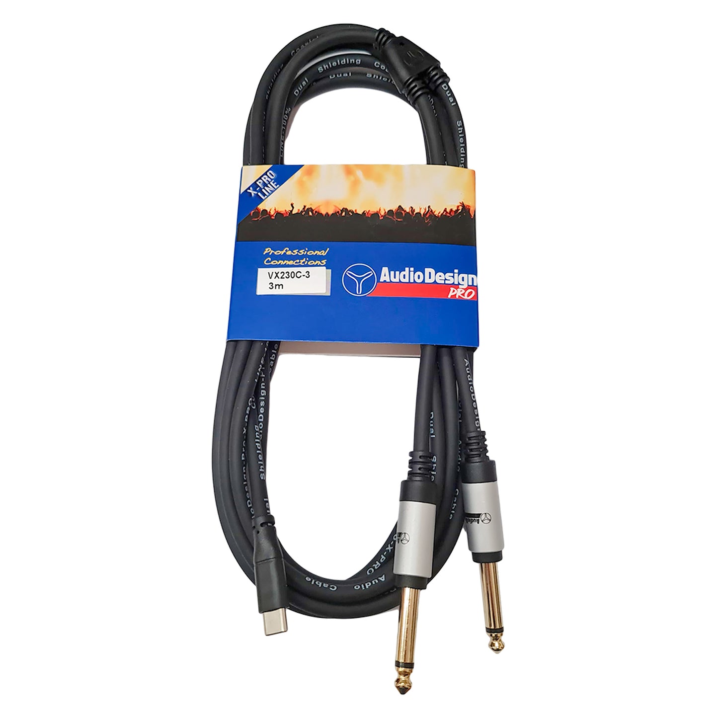 AudioDesign Pro Cavo adattatore professionale da USB-C a 2 Jack 6,3mm maschio, 3 metri, connettori placcati in oro, audio senza distorsioni, X-PRO Line