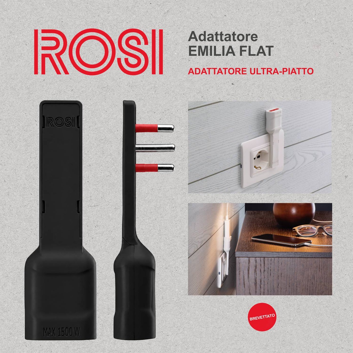 Rosi Emilia Flat Set da 2 Adattatore ultra piatto 90° salva spazio con spina piccola 10A e presa 10A 2P+T, salvaspazio, sporgenza minima, spessore ridotto, ottimizzazione spazio, 1500W max, nero