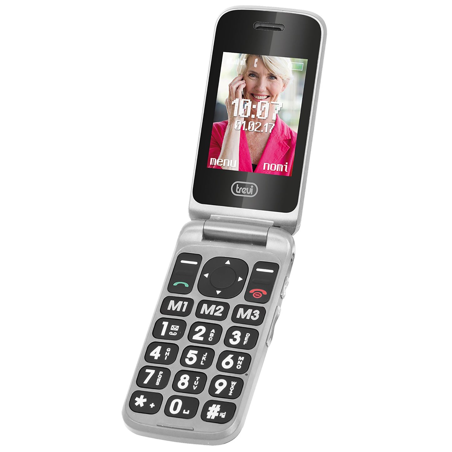 Trevi Flex Plus 55 Silver Telefono cellulare per anziani a conchiglia 4G con doppio display e base di ricarica, tasti grandi e funzione SOS, batteria lunga durata, grigio