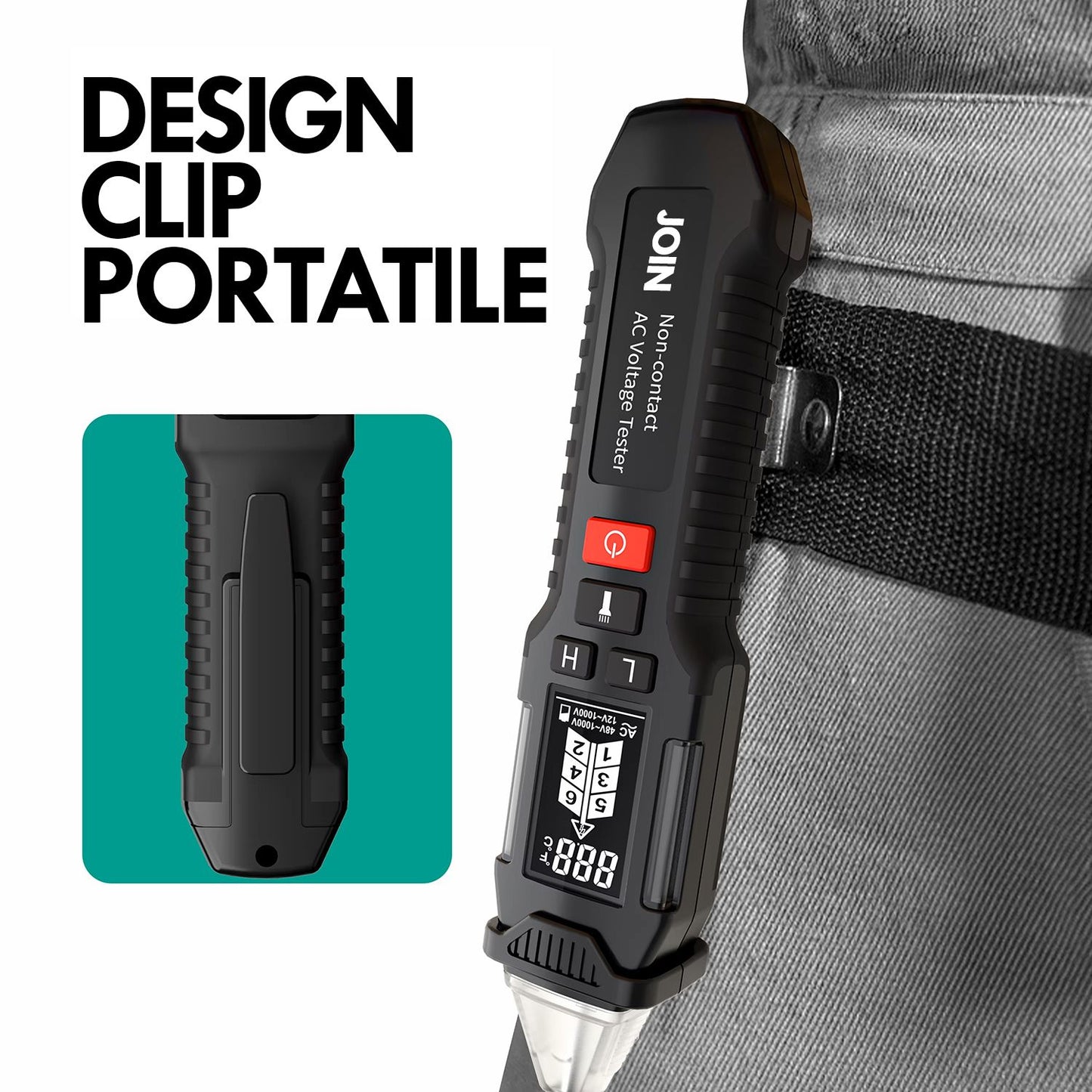 JOIN Rilevatore di tensione con torcia LED multifunzione display LCD e clip integrata, rilevazione senza contatto 12-1000V, tasti in silicone, spegnimento automatico
