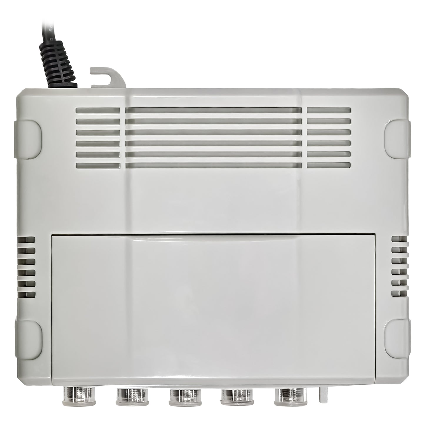 SpaceDigital Amplificatore autoalimentato 230V Centralina TV da interno VHF UHF 4 ingressi, auto CC, 1 uscita, connettore F, alimentazione cavo con spina 220V, guadagno regolabile 0-20dB, 5G LTE