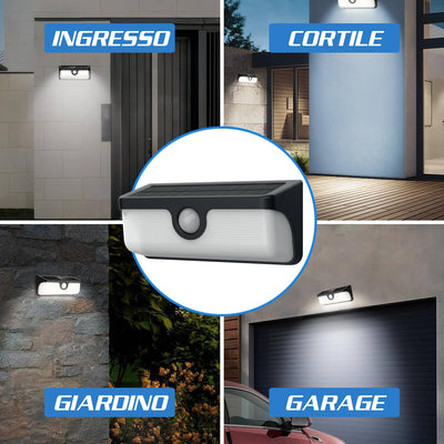 Applique a LED da esterno a batteria ricaricabile tramite pannello solare integrato, Sensore di Movimento incorporato, Potenza 7W equivalenti a 45W, impermeabile IP65, Luce Naturale 4000K, 500 Lumen