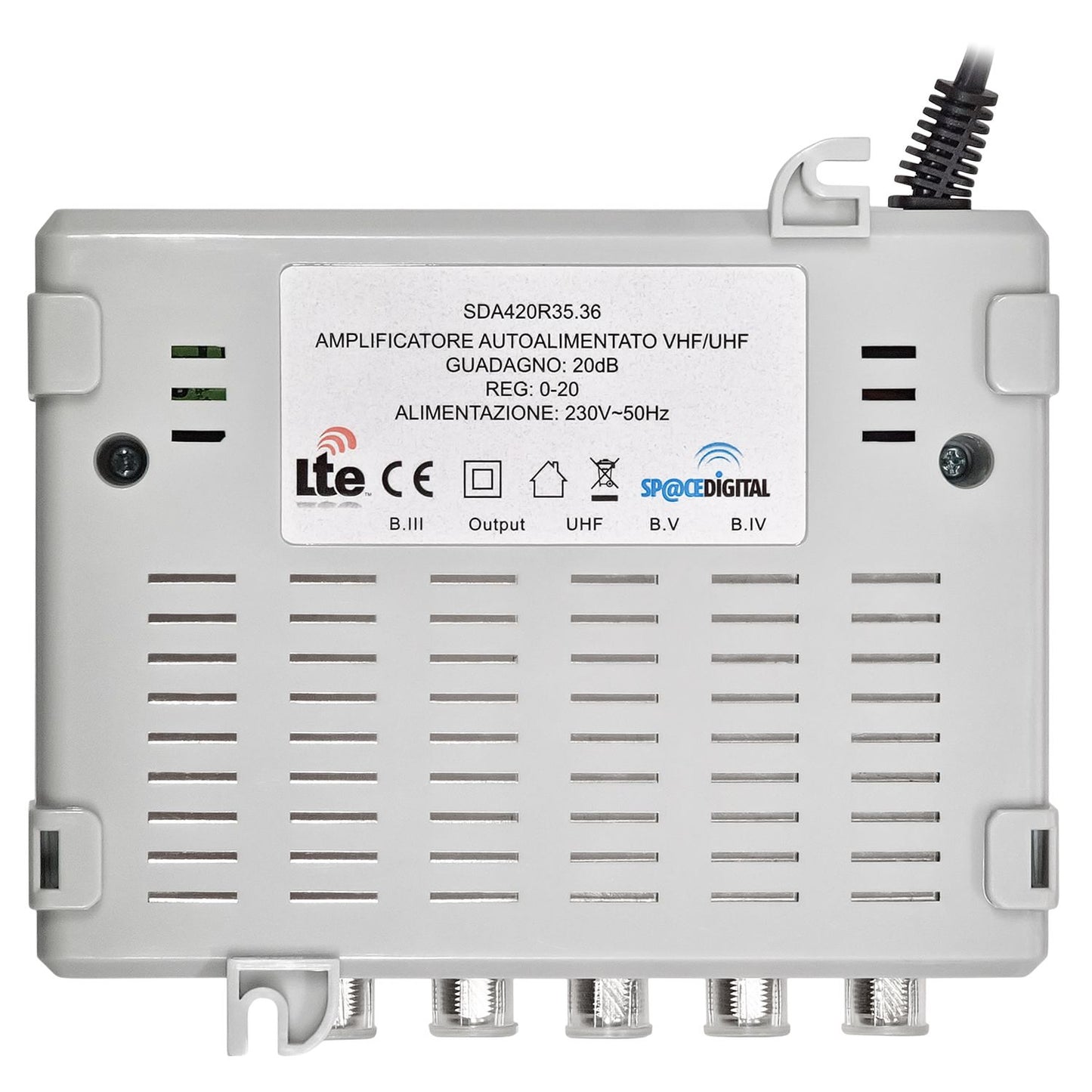 SpaceDigital Amplificatore autoalimentato 230V Centralina TV da interno VHF UHF 4 ingressi, auto CC, 1 uscita, connettore F, alimentazione cavo con spina 220V, guadagno regolabile 0-20dB, 5G LTE
