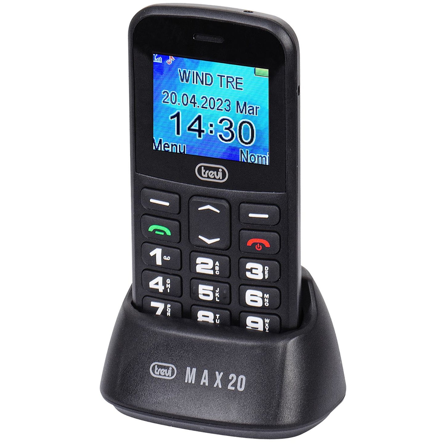 Trevi Max 20 Telefono cellulare per anziani con display 1.77", tasti grandi retroilluminati, base di ricarica, funzione SOS, batteria lunga durata, nero