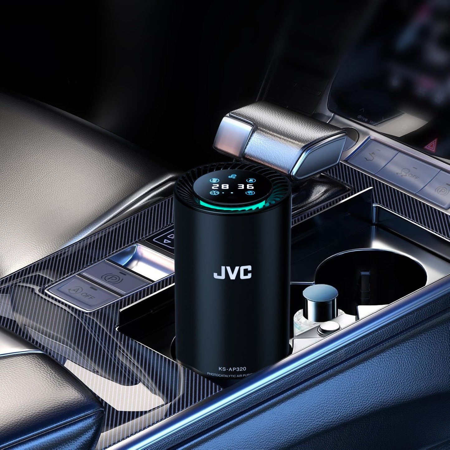 JVC Purificatore d'aria in alluminio con display e filtro ad alta efficienza per veicoli auto camion camper e abitazioni casa hotel, alimentazione USB con adattatore accendisigari