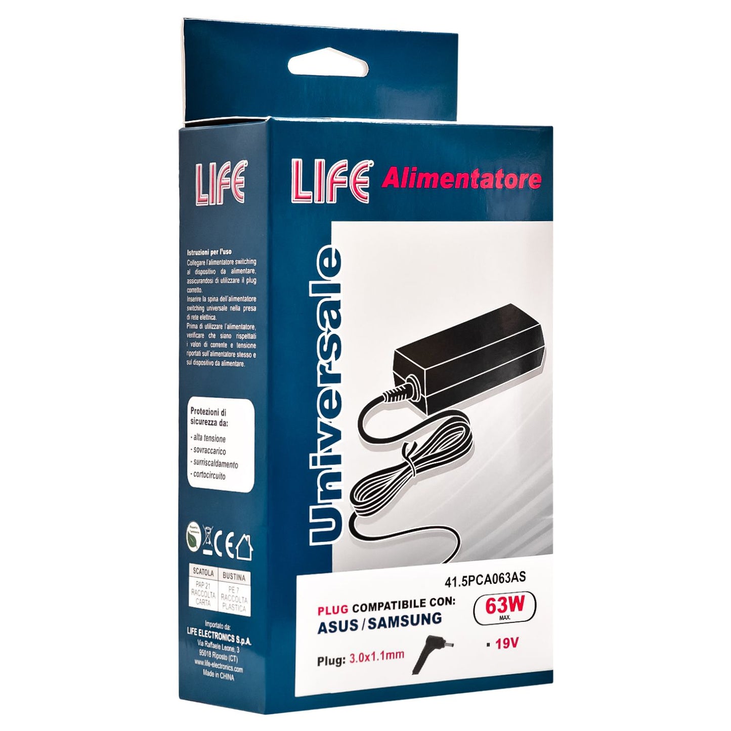 Life Alimentatore switching per notebook e computer PC portatili, compatibile con ASUS e Samsung, caricabatteria Laptop 19V con output max 63W