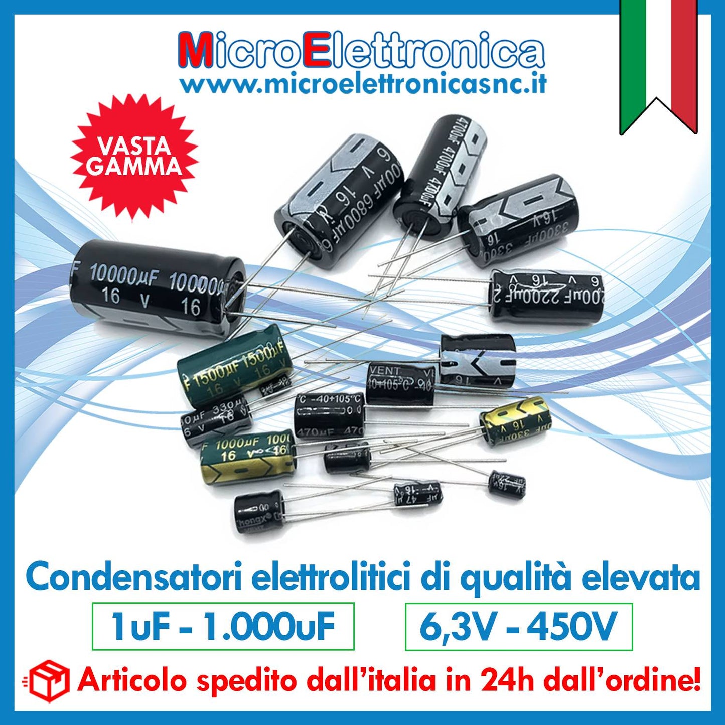 Condensatori elettrolitici radiali da 1uF a 1.000uF e da 6.3V a 450V