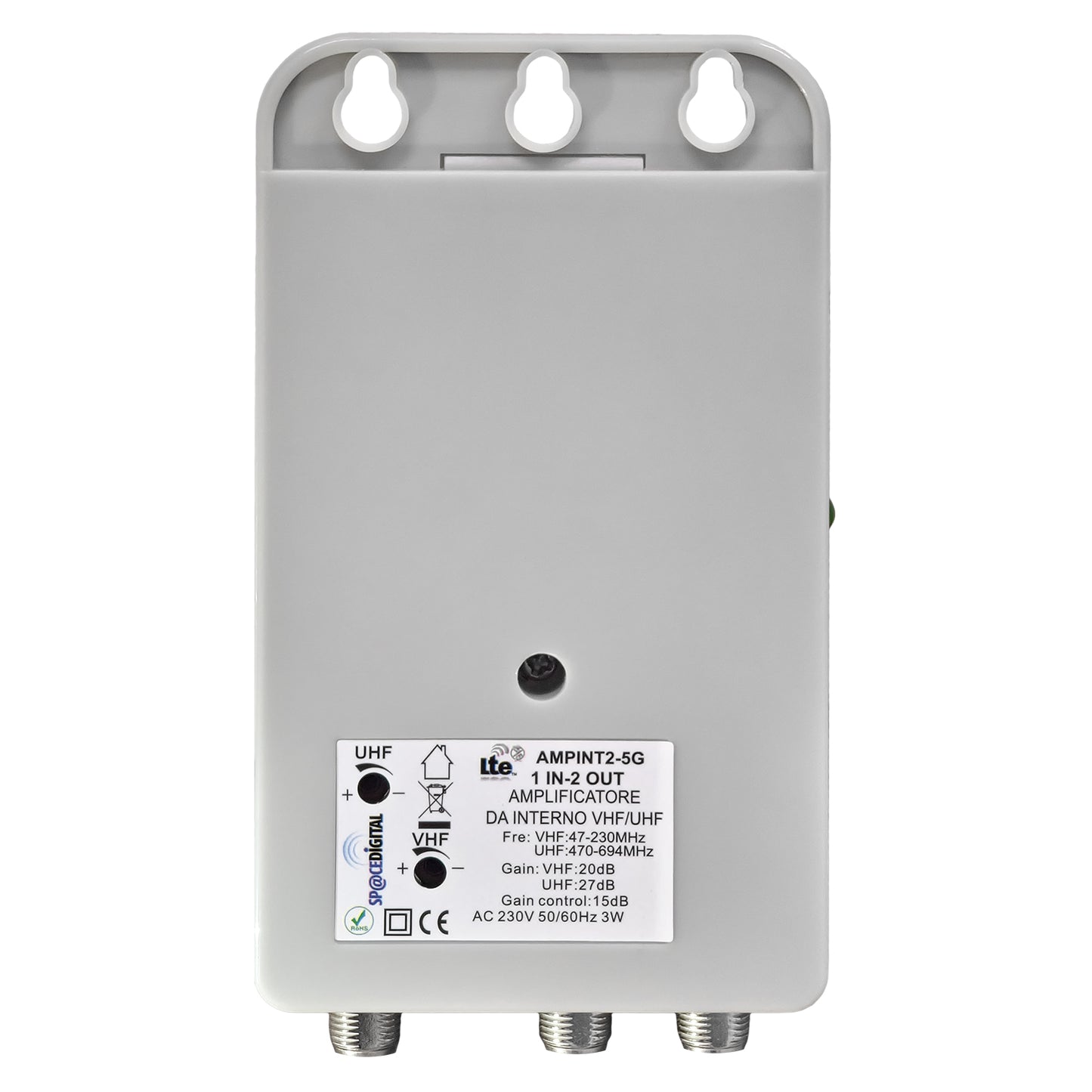 SpaceDigital Amplificatore da interno per antenne VHF/UHF (21-48CH), 1 ingresso e 2 uscite, connettore F, alimentazione cavo con spina 220V, guadagno regolabile, 5G LTE