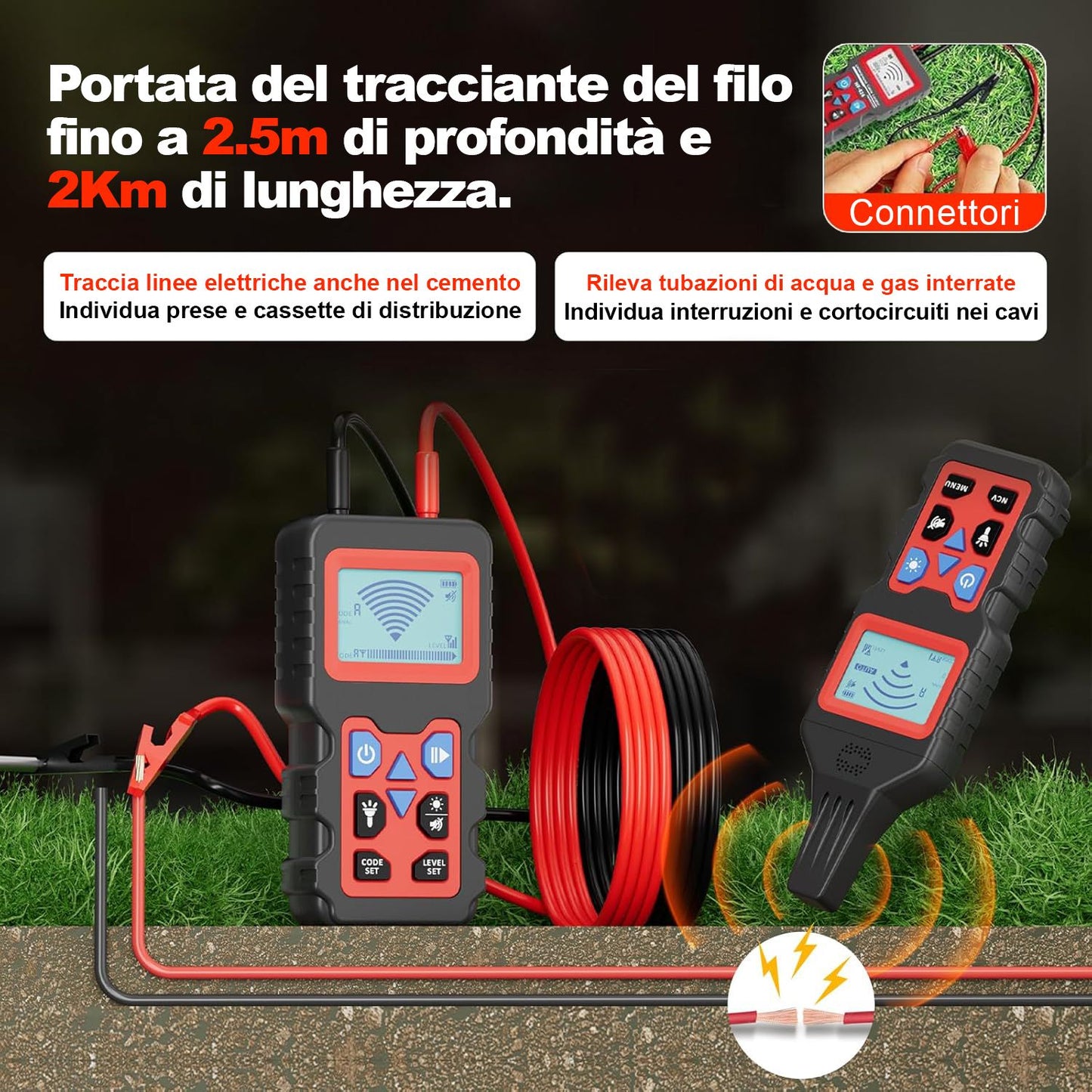 JOIN 98-981 Localizzatore di cavi con display digitale e torcia fino a 2.5m di profondità, Rilevamento sotterraneo di linee elettriche e tubazioni metalliche interrate, rilevatore di prese e cassette