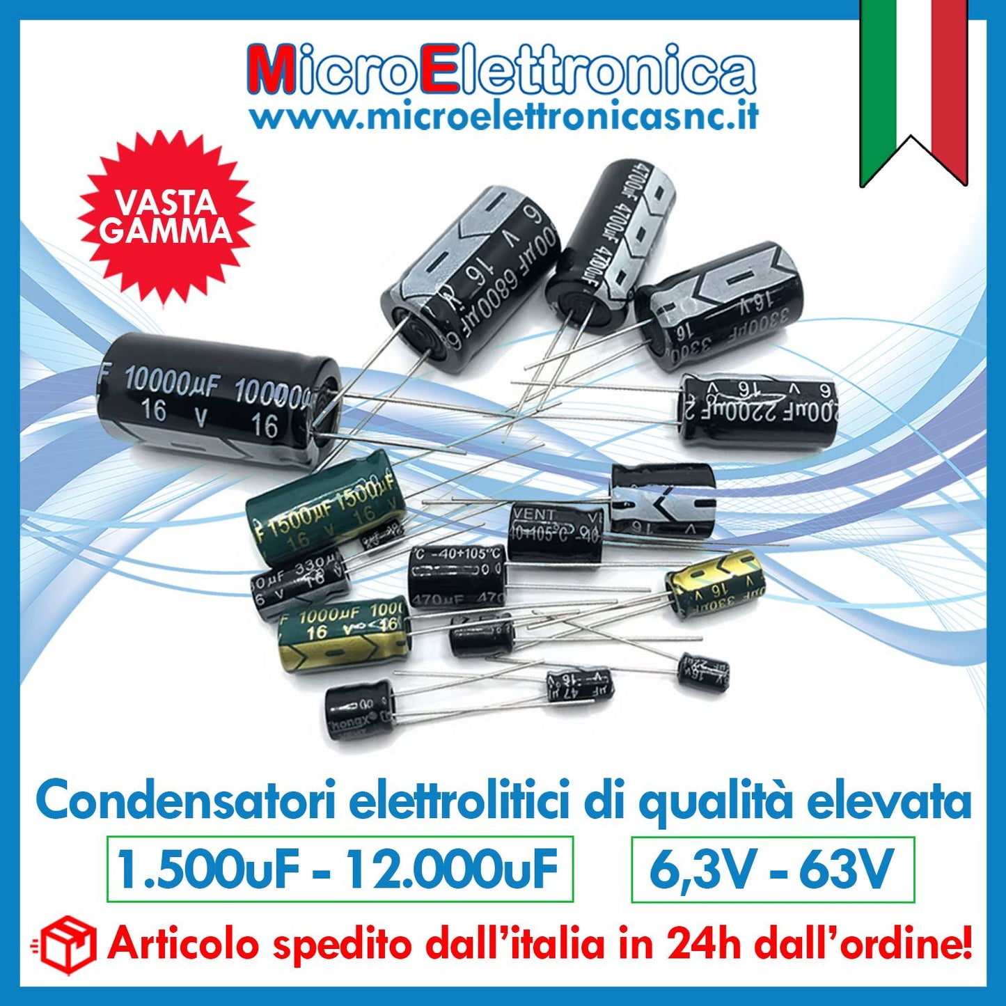 Condensatori elettrolitici radiali da 1.500uF a 12.000uF e da 6.3V a 63V