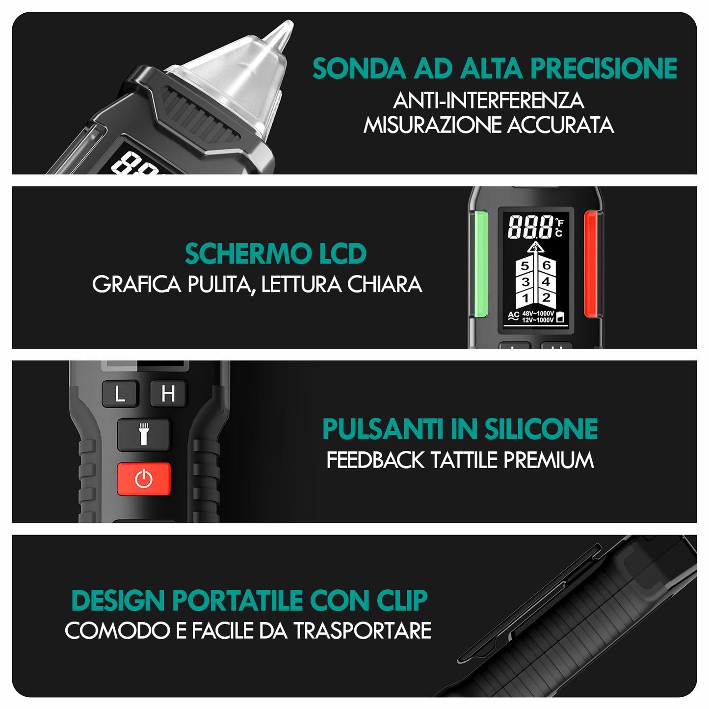 JOIN 98-853 Rilevatore di tensione e temperatura con torcia LED multifunzione display LCD e clip integrata, rilevazione senza contatto 12-1000V, tasti in silicone, spegnimento automatico