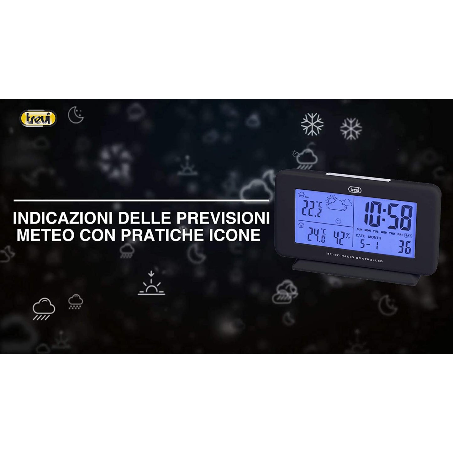 Trevi Stazione Meteo Radiocontrollata con Sensore Esterno Senza Fili, Temperatura, Sveglia/Calendario, Nero