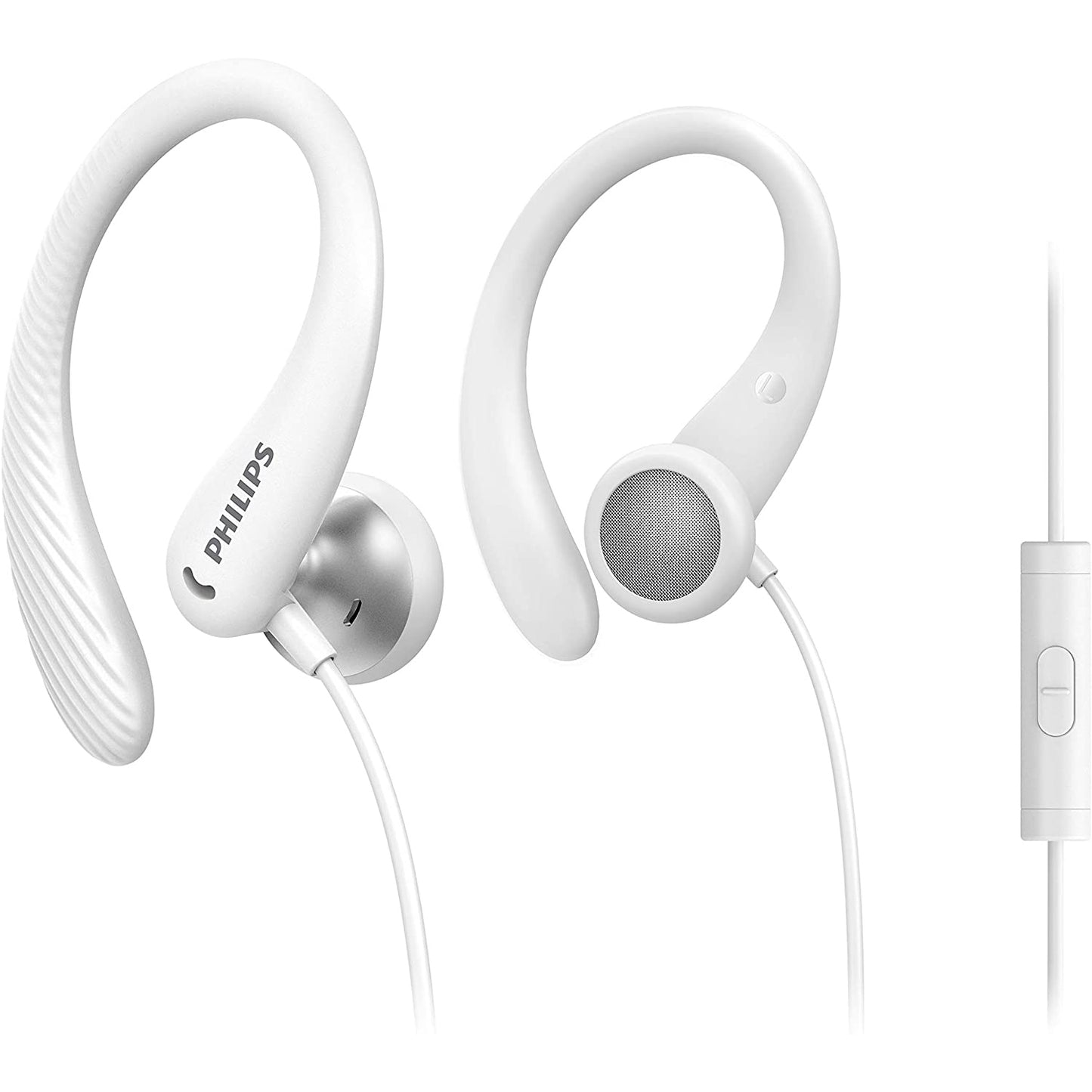 Philips Écouteurs filaires pour le fitness et le sport, écouteurs avec microphone, résistants à la transpiration et aux éclaboussures IPX2, boucles d'oreilles flexibles, commande par bouton-poussoir, blanc