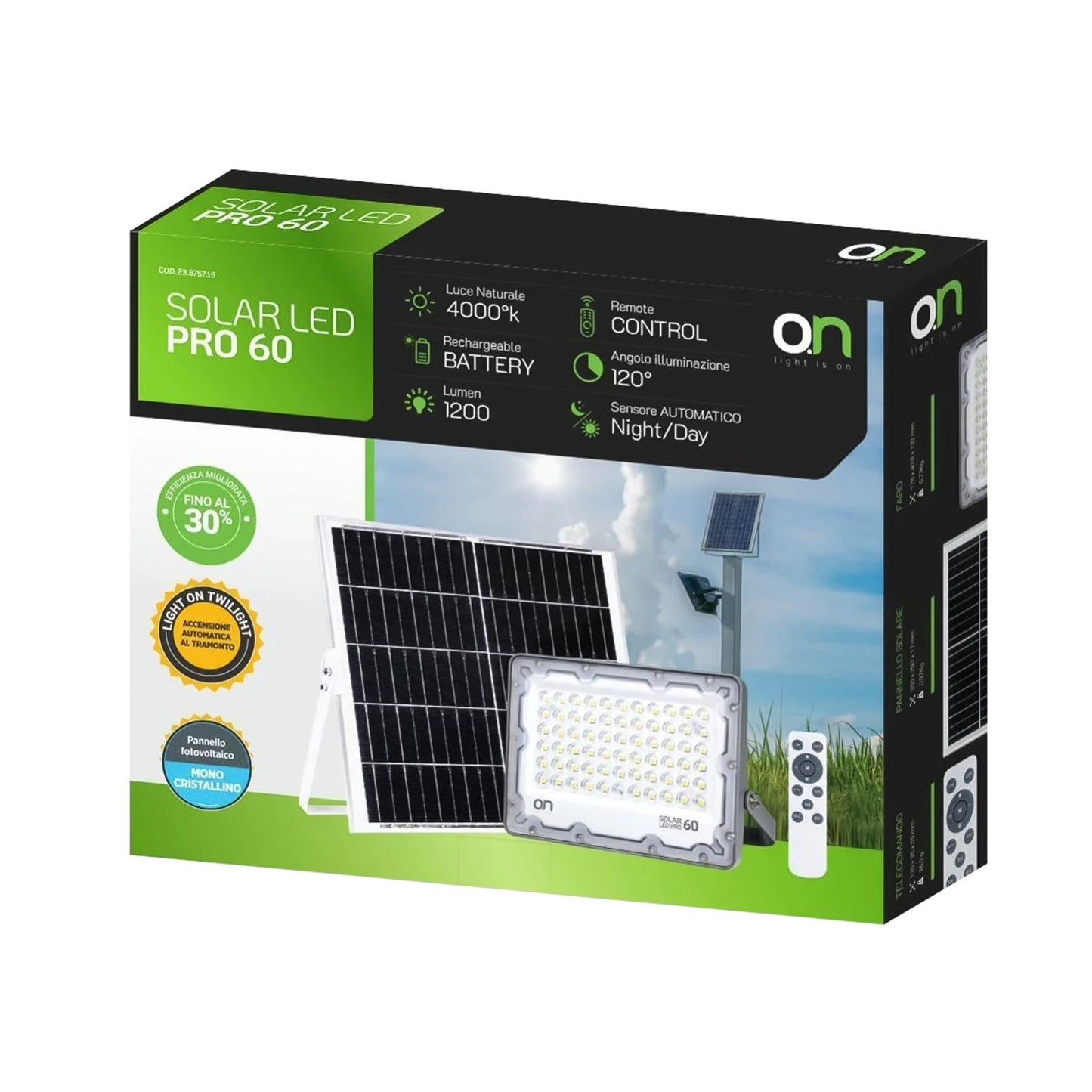 O.N Faretto solare da esterno con luce fredda, faro led con pannello solare e sensore per accensione automatica, lampada led da parete con fotovoltaico 4000K 1200lm