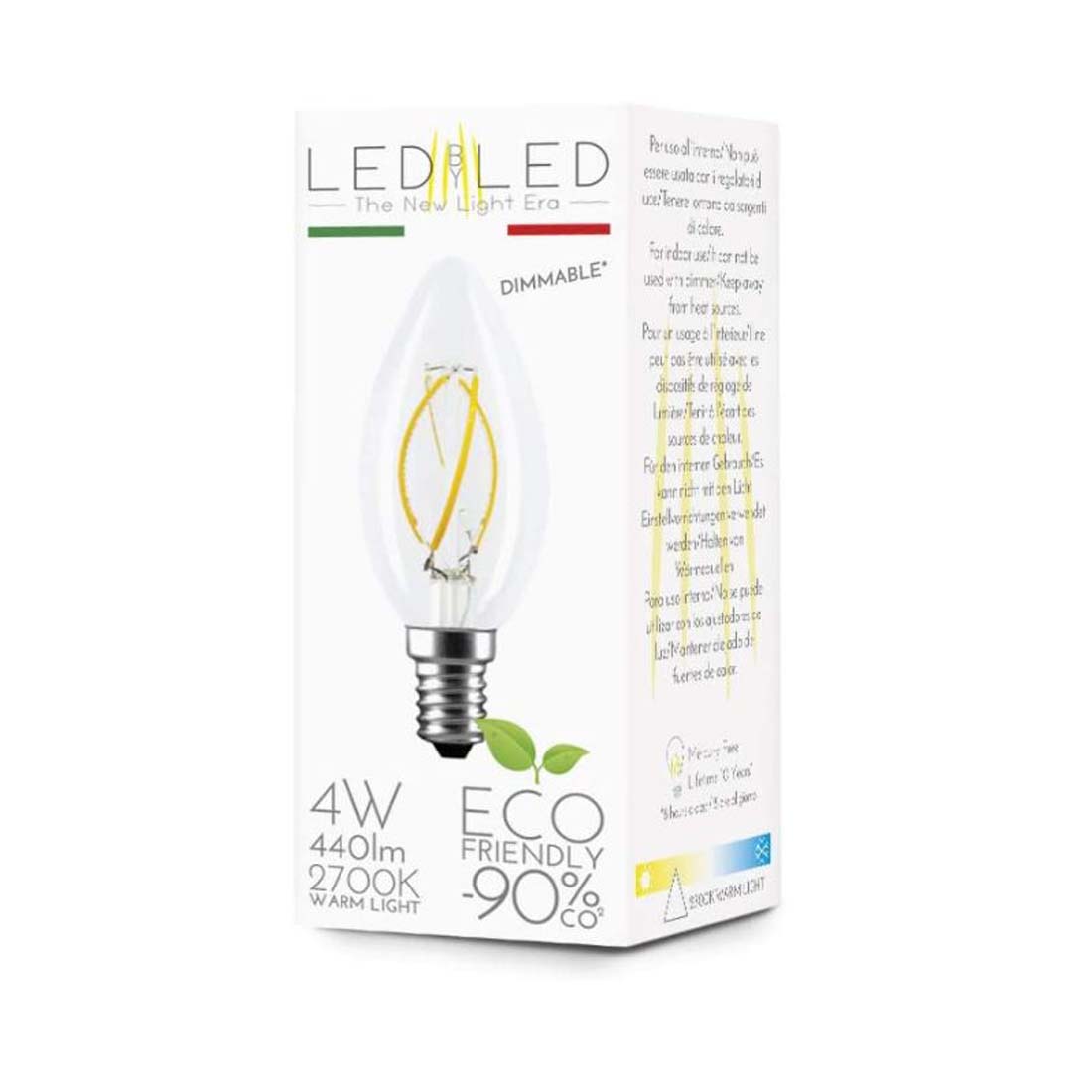 LEDbyLED Lampadina LED Oliva a filamento 4 W, E14, C35, 3.5 x 9.9 cm, dimmerabile