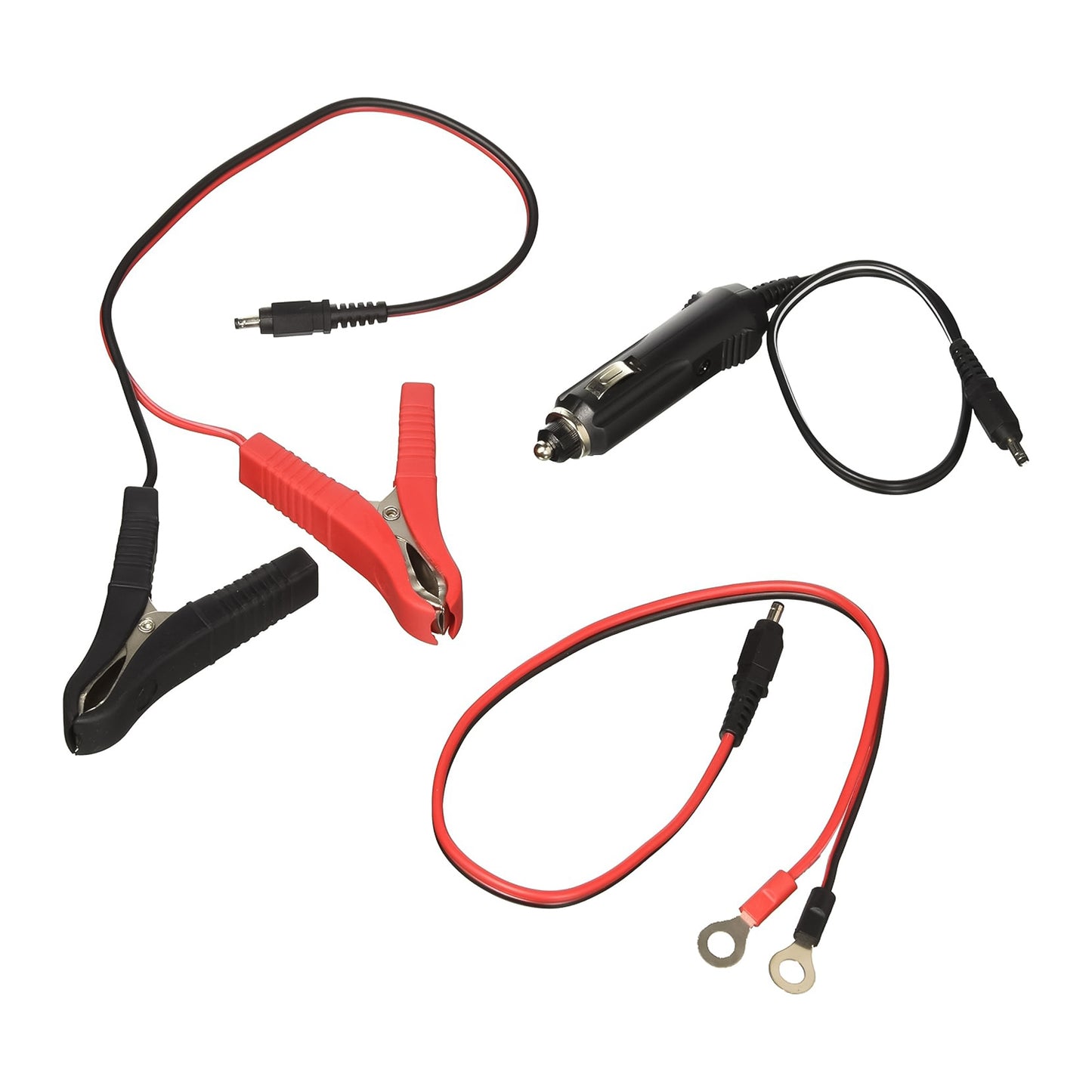 Alcapower 12V and 24V battery tester with LCD display, cable with eyelets, cable with crocodile clips and cable with cigarette lighter plug