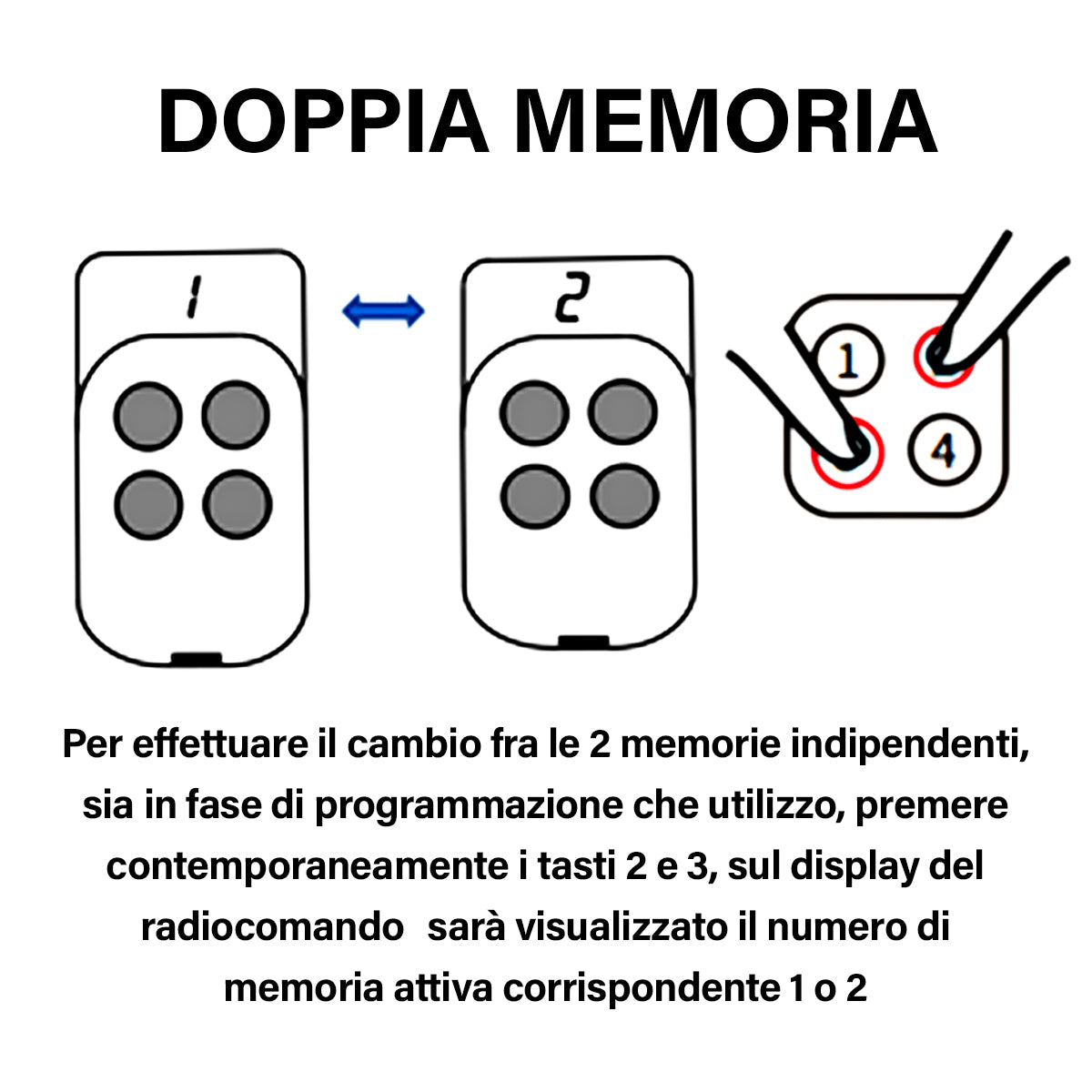 LIFE Rolling code remote control, fixed frequency 433.92 MHz, programmable self-learning gate opener, 2 independent memories, duplicates up to 8 programs