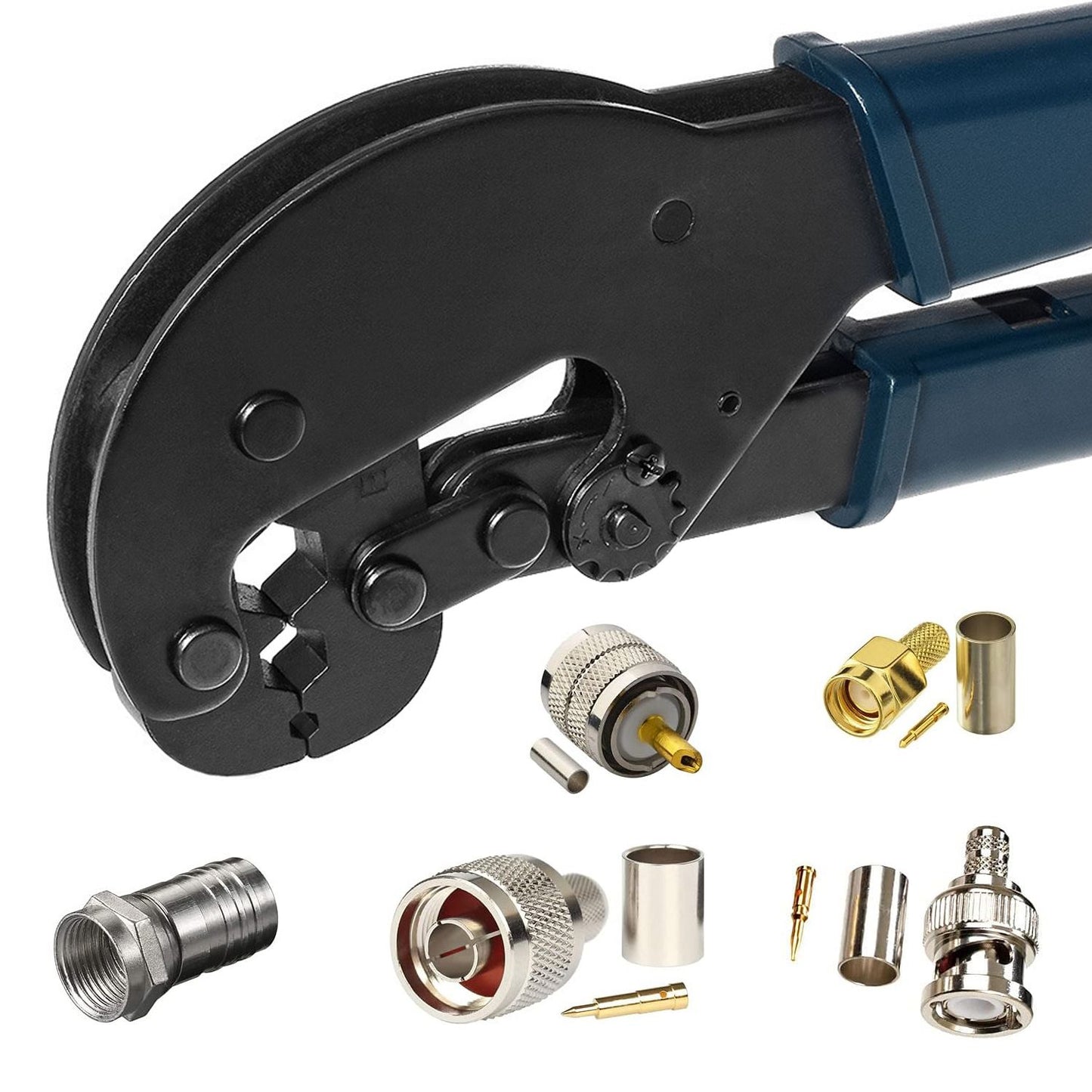 Alpha Elettronica Pinza a crimpare per cavi coassiali, crimpatrice connettori F, TNC, UHF, manico antiscivolo blu, pressione regolabile