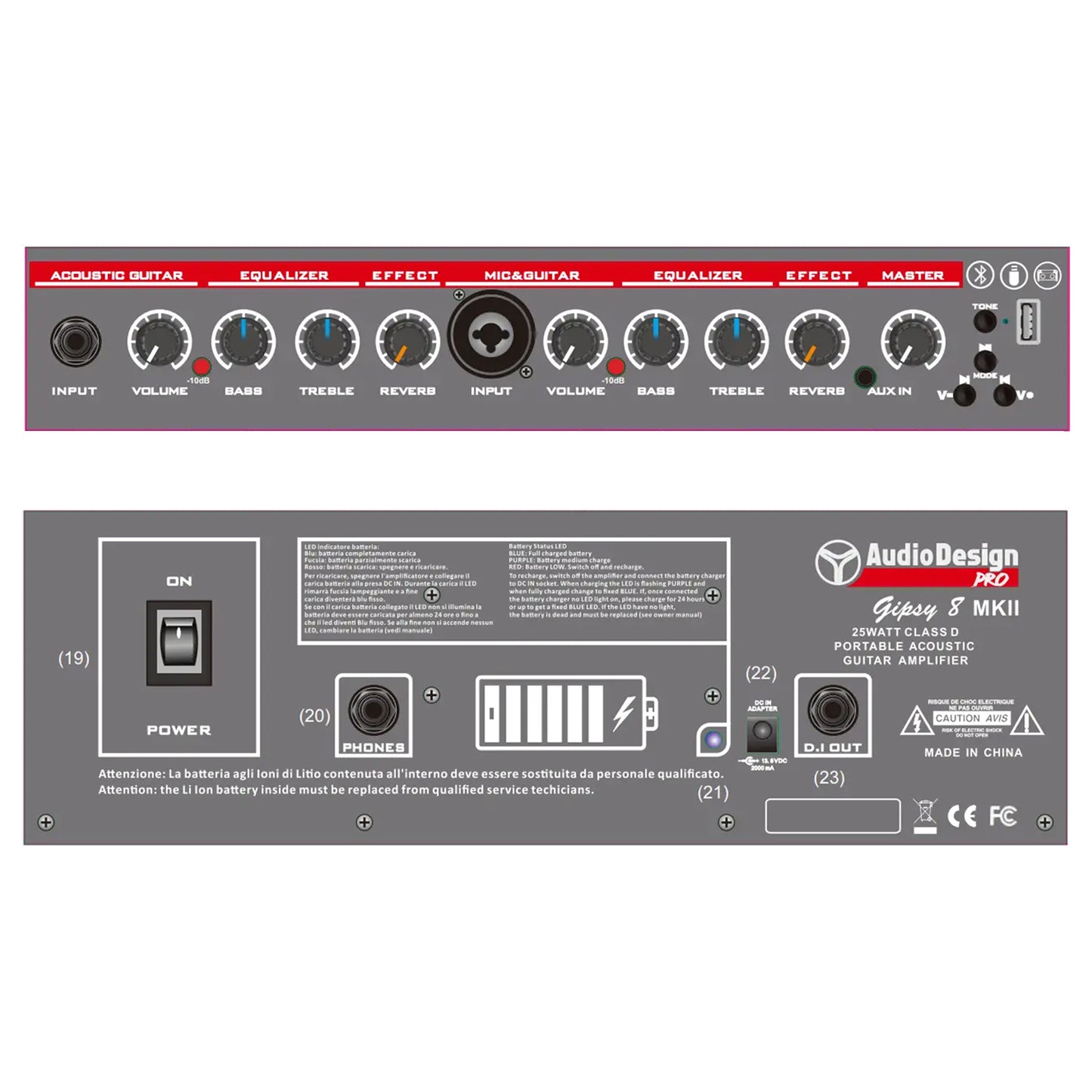 AudioDesign Pro Gipsy 8 MKII Amplificatore portatile 50W per chitarra e microfono, amplificatore con batteria ricaricabile e tracolla