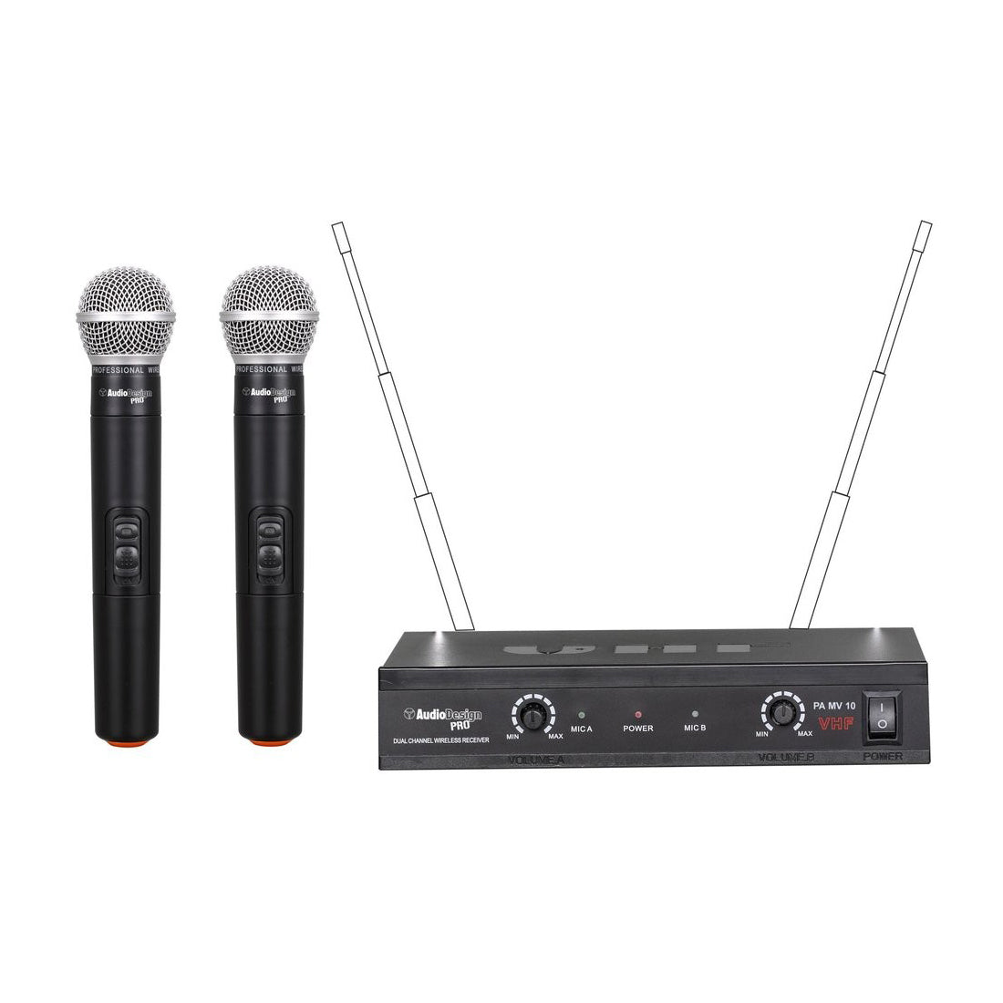Audiodesign Set microfoni wireless VHF a frequenza fissa, funzione mute sul microfono