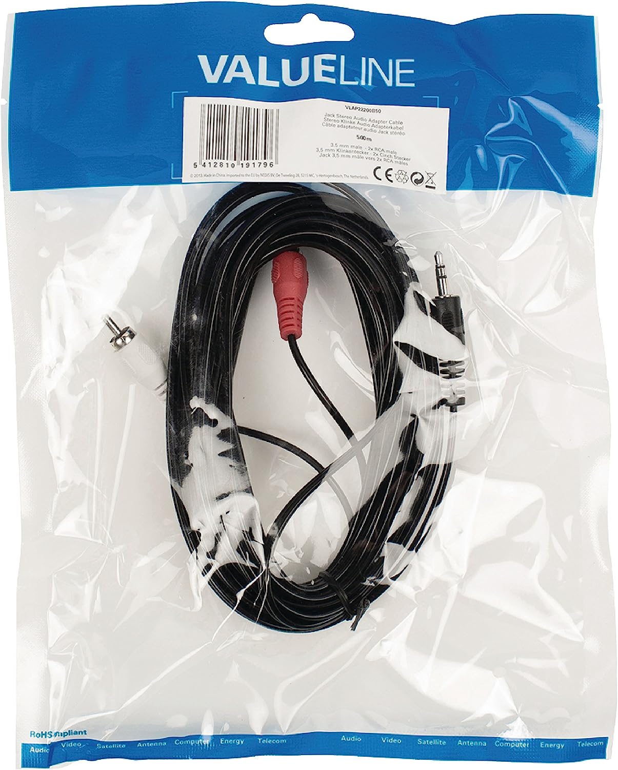 Câble audio stéréo Valueline avec connecteur Jasck 3,5 mm et 2 connecteurs RCA, 5 mètres