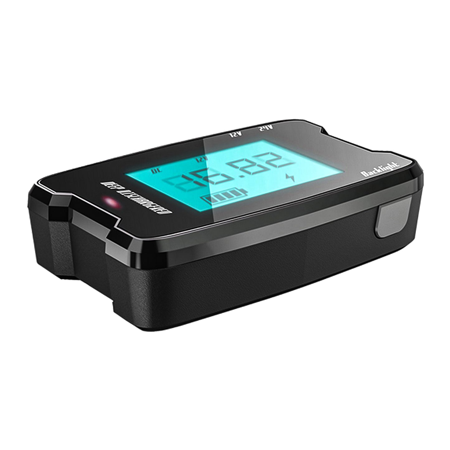 Alcapower 12V and 24V battery tester with LCD display, cable with eyelets, cable with crocodile clips and cable with cigarette lighter plug