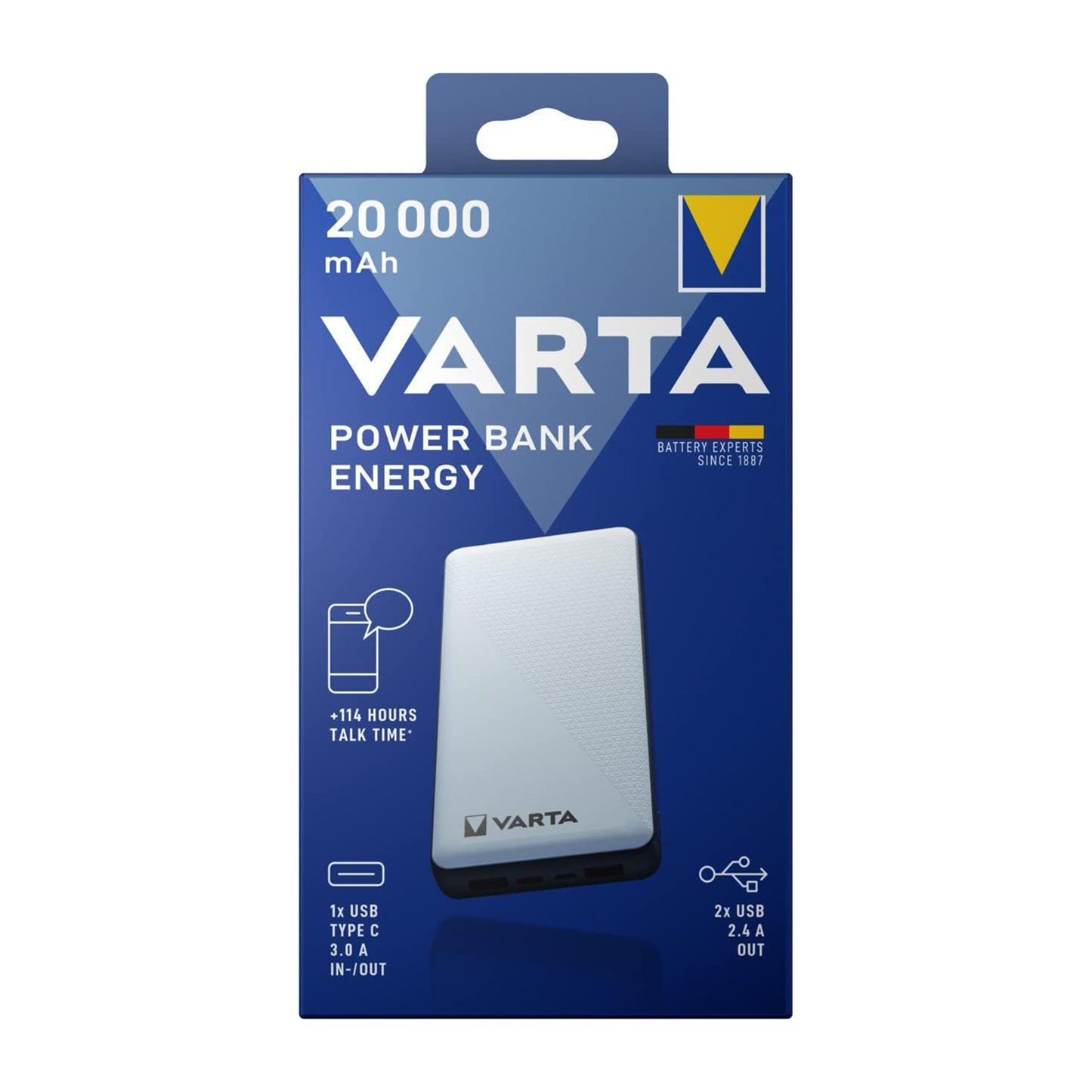 VARTA Power Bank 20 000 mAh avec une sortie USB-C et deux sorties USB-B, charge rapide, charge jusqu'à 3 appareils simultanément