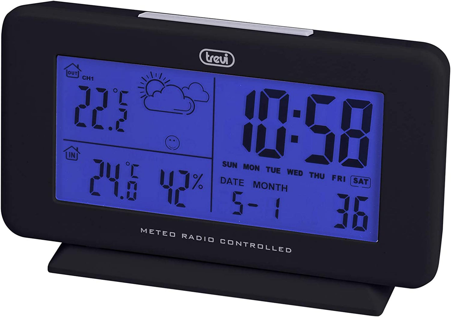 Trevi Stazione Meteo Radiocontrollata con Sensore Esterno Senza Fili, Temperatura, Sveglia/Calendario, Nero