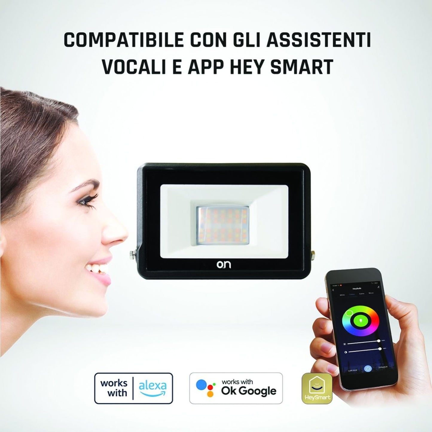 O.N Faretto smart LED RGB Wi-Fi con controllo vocale, compatibile con Alexa e Google, gestibile tramite app, luce colorata,1620lm