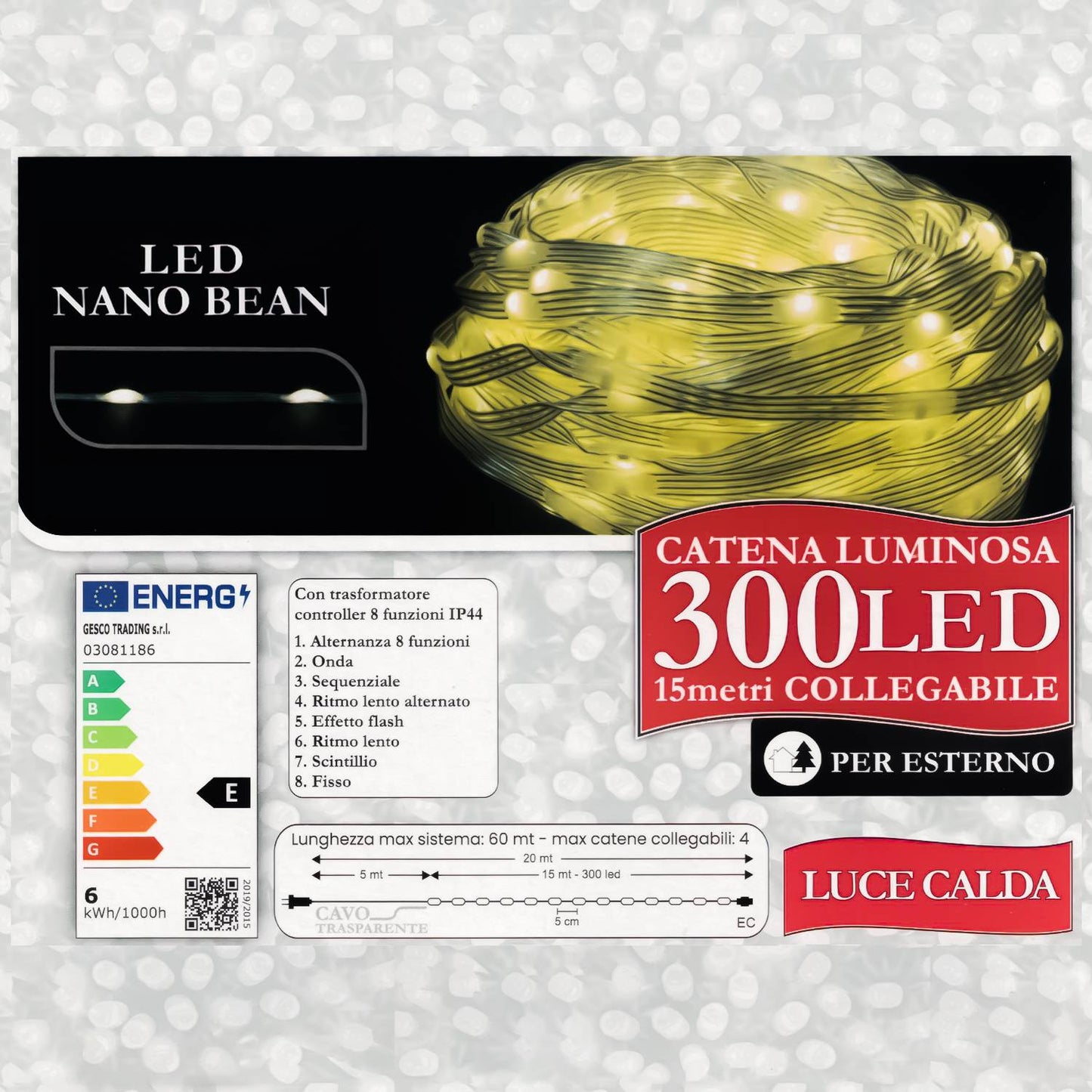 Decoled Guirlande lumineuse d'extérieur 300 LED jaune, LED Nano Bean IP44, lumières de Noël modulaires, décorations lumineuses étanches, câble transparent