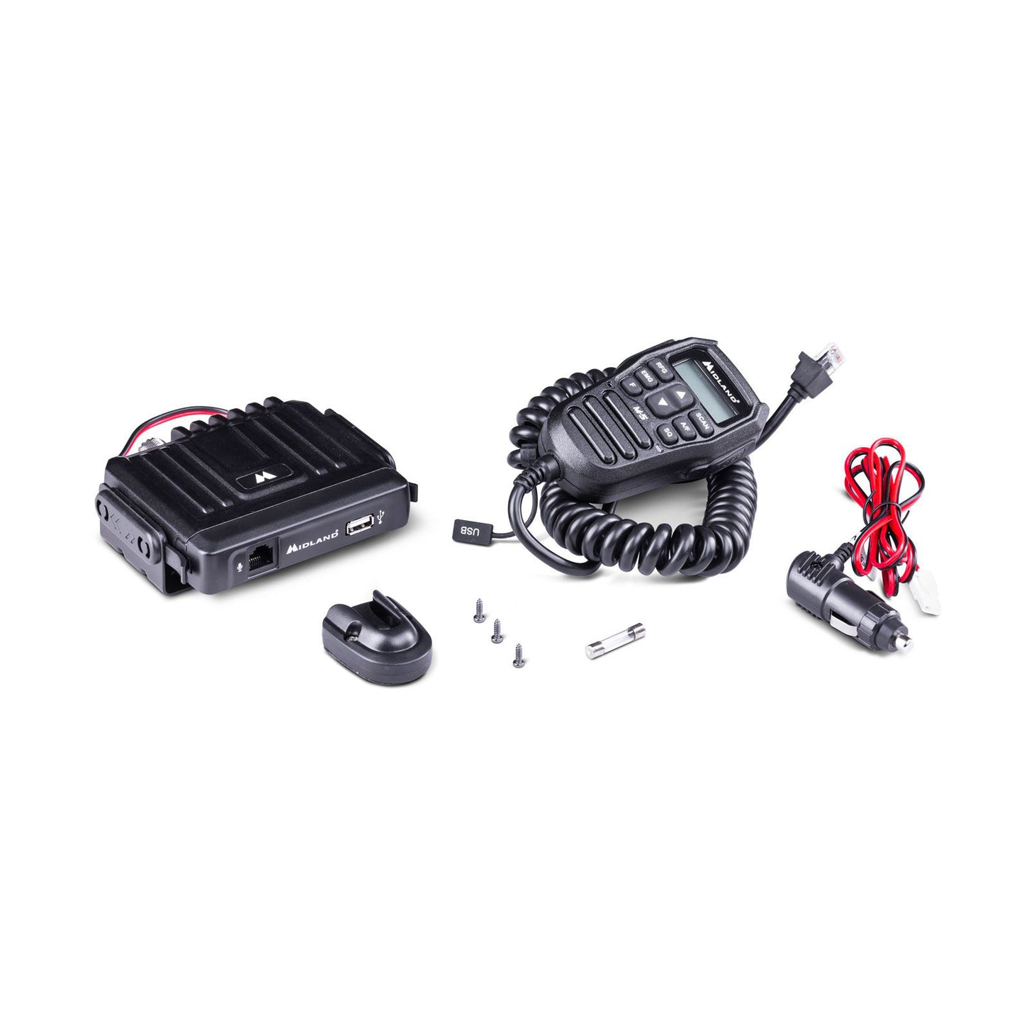 Midland M-5 CB Radio ricetrasmittente veicolare multi banda 40 canali AM/FM, ricetrasmettitore compatto con comandi sul Microfono con Display LCD, Presa 2 Pin Kenwood e USB