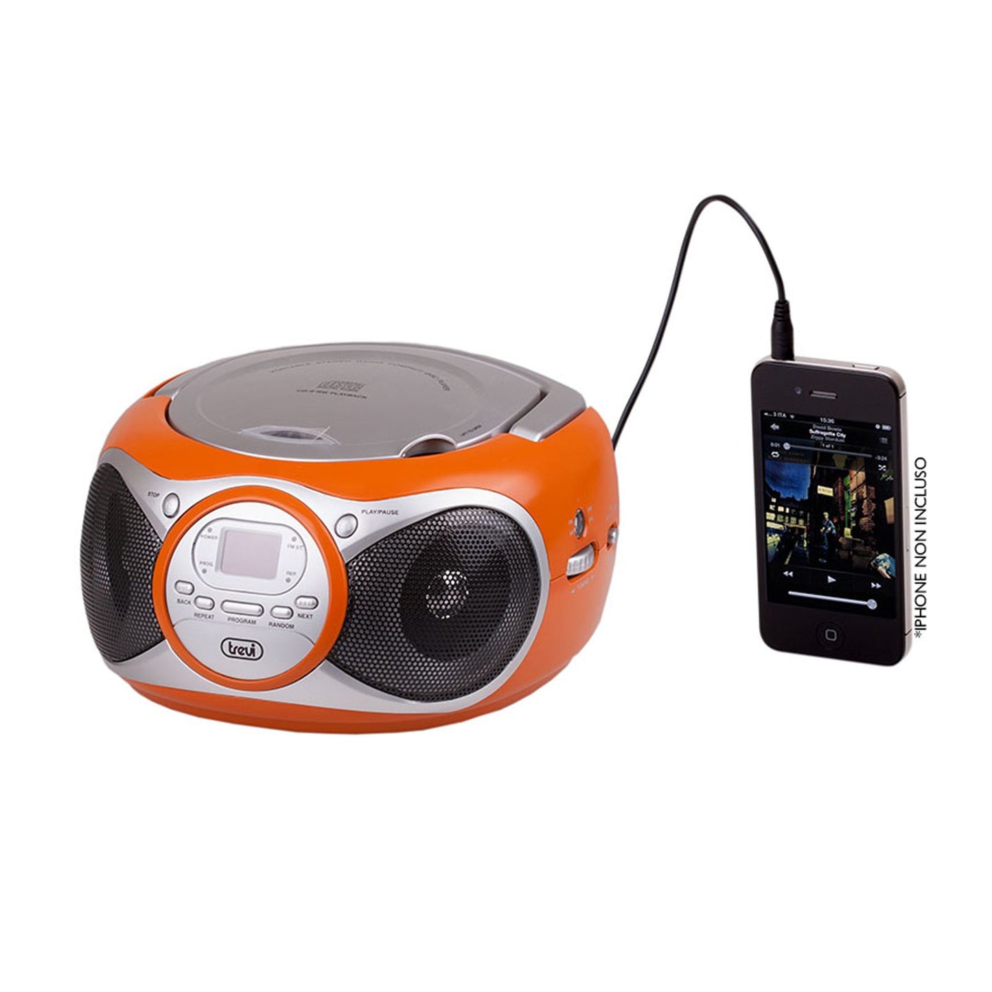 Trevi boombox portable stereo with CD player and aux input, FM radio, orange colour