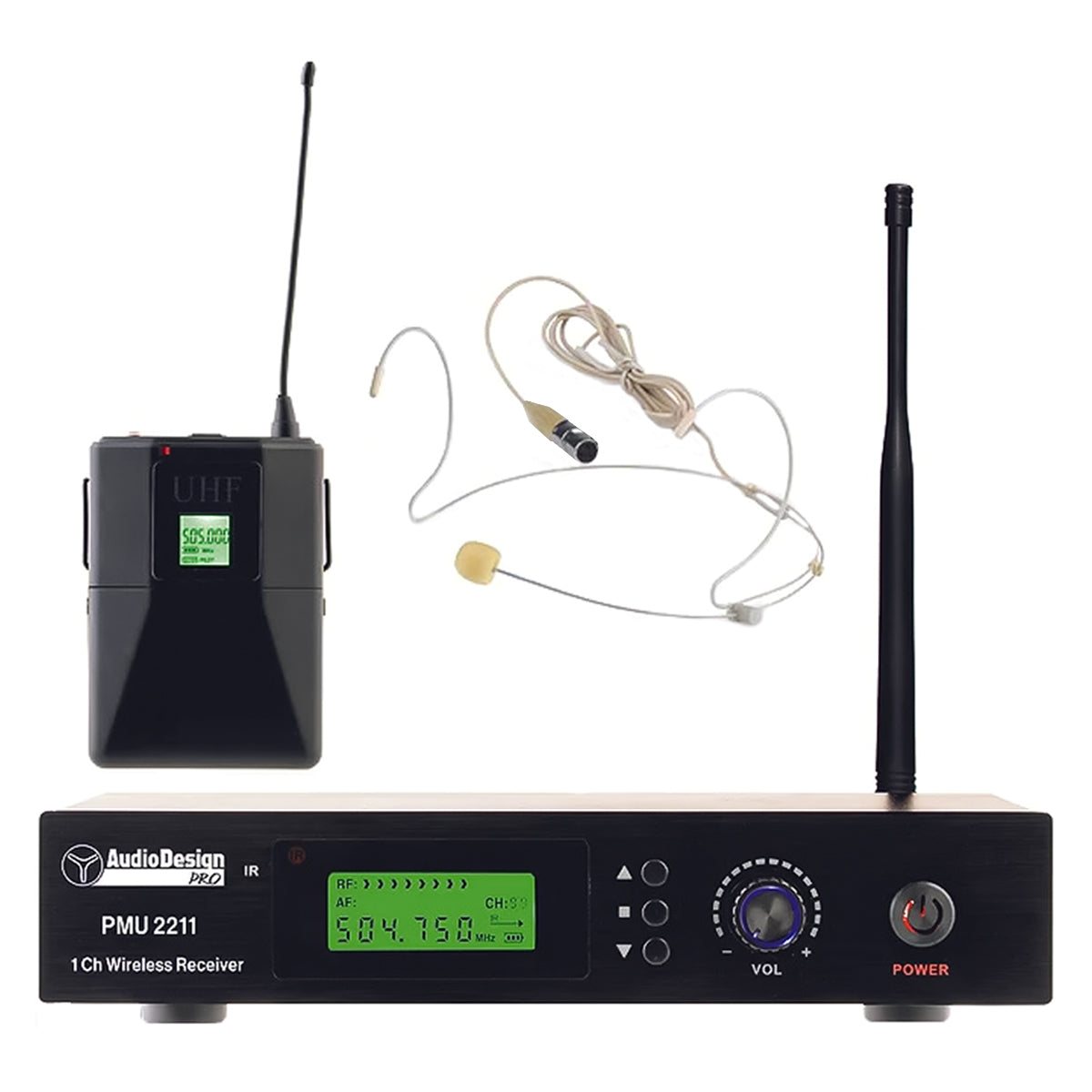 AudioDesign PRO PMU 2211BP Set centralina e microfono ad archetto UHF, kit radiomicrofono palmare professionale, microfono wireless con body pack
