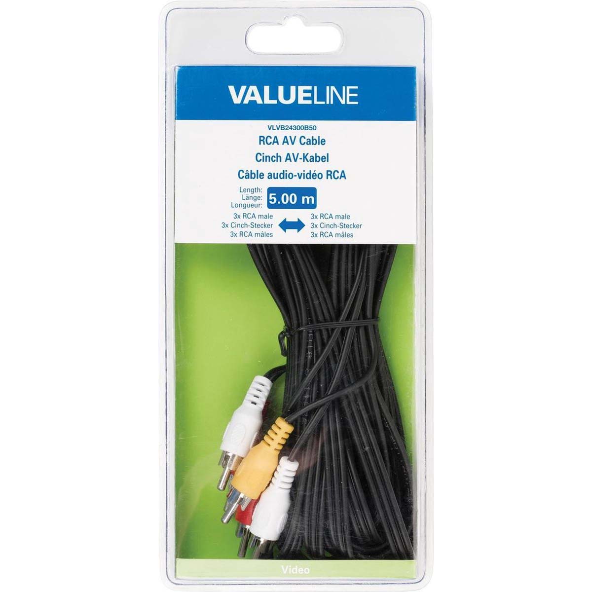 Câble AV Valueline avec connecteurs RCA mâle à mâle, câble AV RCA de 5 mètres