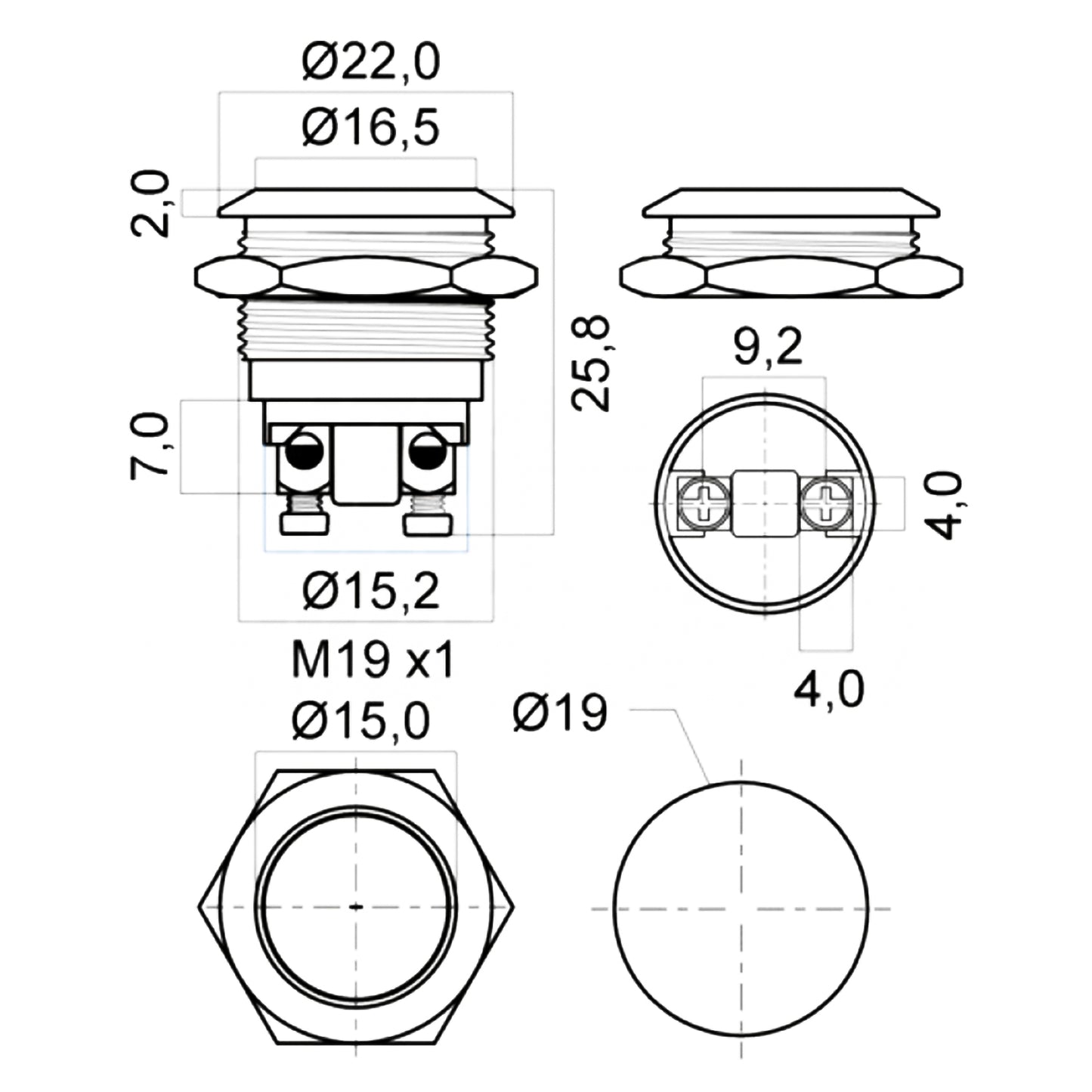 Alpha Elettronica Pulsante momentaneo antivandalo ø19mm in acciaio, 1 polo, OFF/ON, pulsante normalmente aperto con 2 terminali a vite