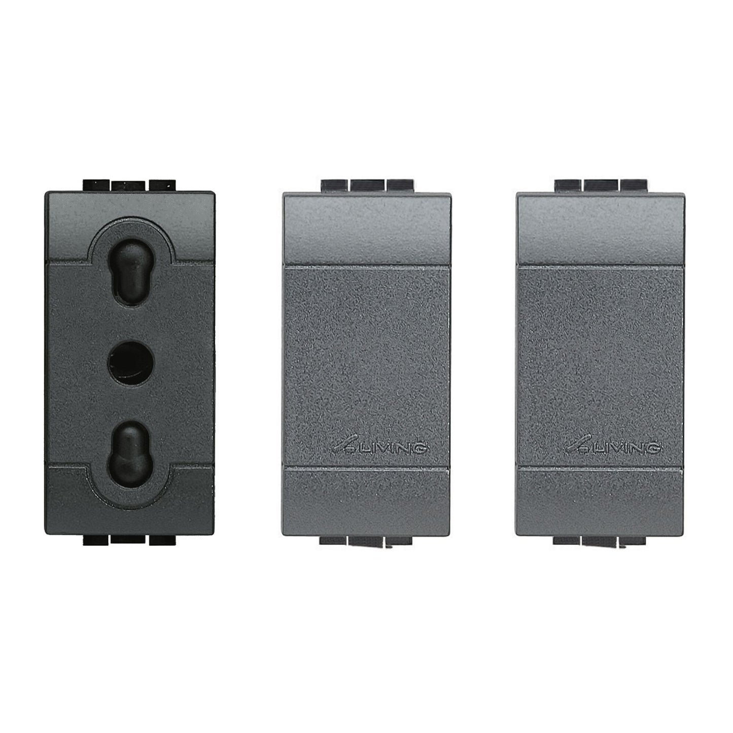 Bticino Set presa bipasso 2P+T 250 Vac, presa 10/16A e 2 falso polo, copriforo tappo interruttore, colore antracite livinglight, Serie Civile Ticino Living (1 presa e 2 falso polo)