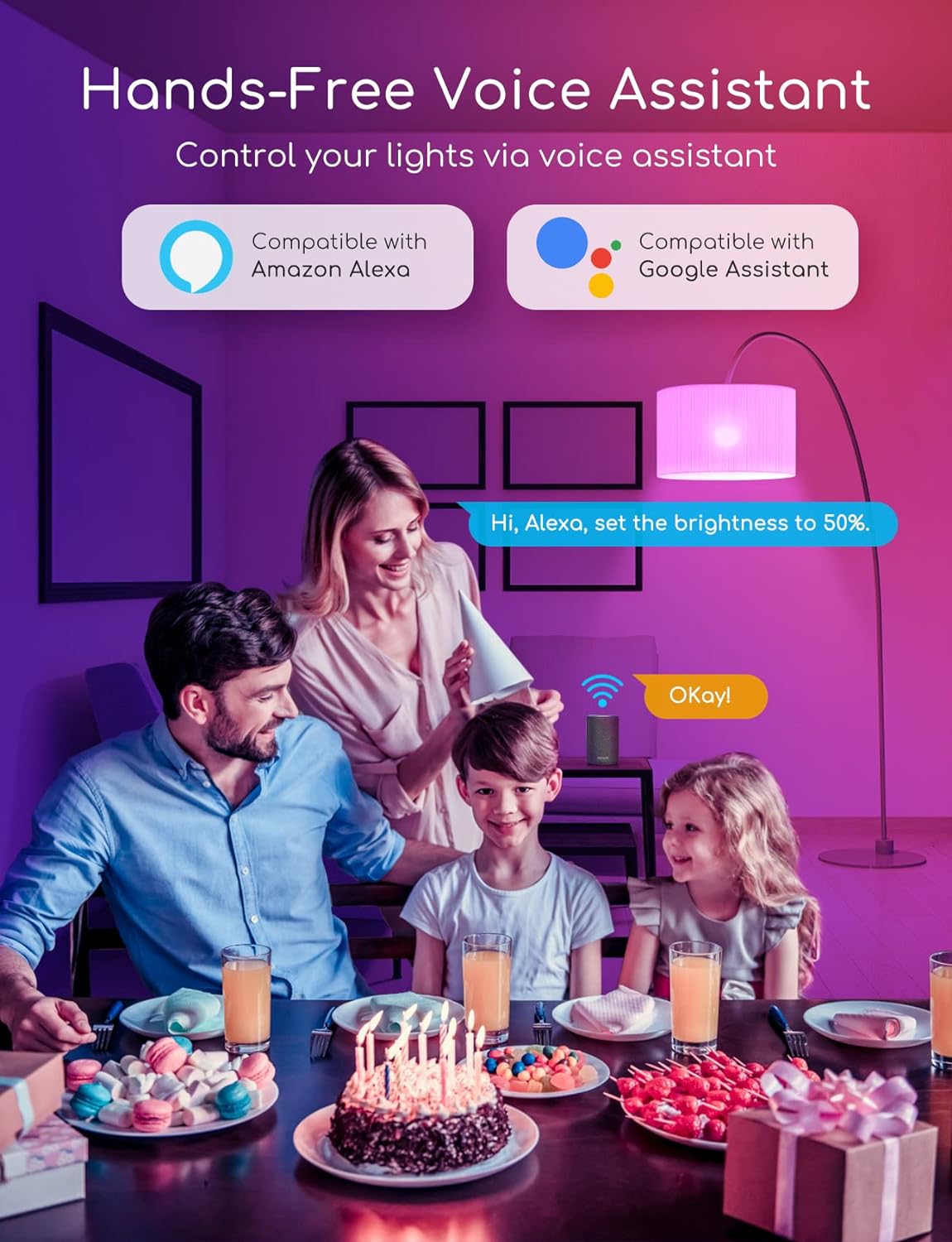 O.N Lampadina wifi smart, lampadina smart E14, controllo vocale e tramite app, lampadina dimmerabile luce colorata RGB, 470 lm